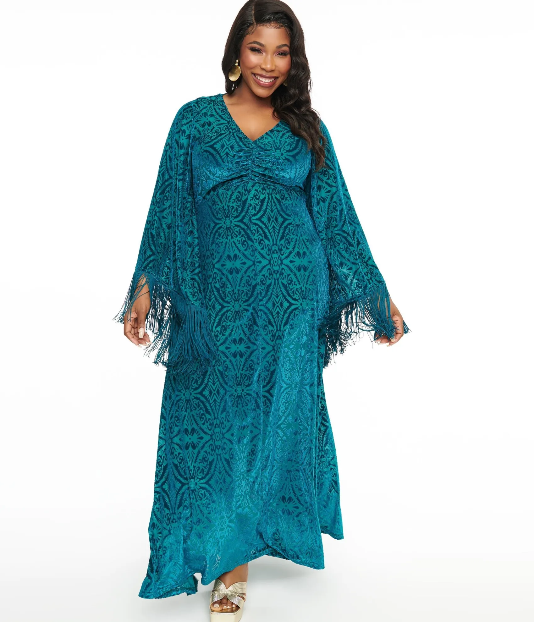 Unique Vintage Smak Parlour Plus Size 1970s Teal Floral Fringe Sleeve Maxi Dress Best Sale