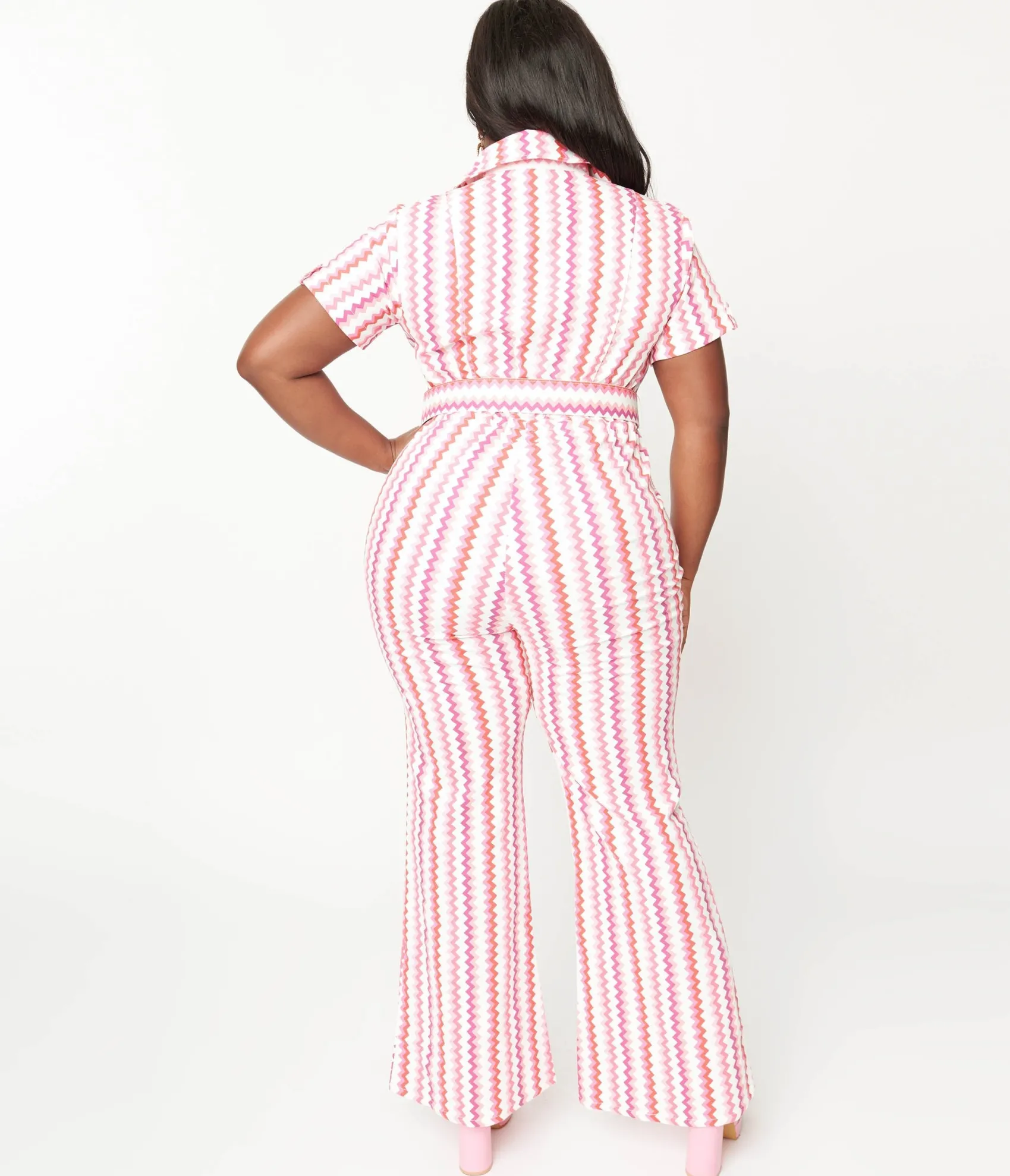 Unique Vintage Smak Parlour Plus Size 1970s Valentine Zig Zag Stripe Flare Jumpsuit Discount