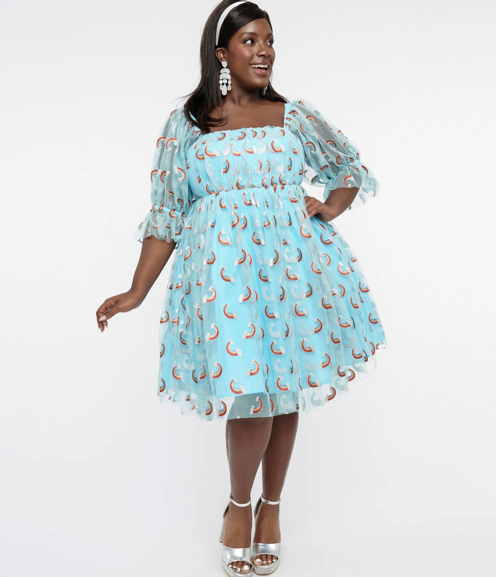 Unique Vintage Smak Parlour Plus Size Sky Blue & Glitter Rainbows Love Interest Babydoll Dress Flash Sale