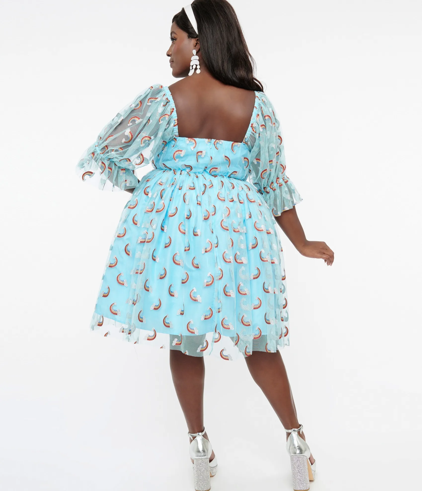 Unique Vintage Smak Parlour Plus Size Sky Blue & Glitter Rainbows Love Interest Babydoll Dress Flash Sale