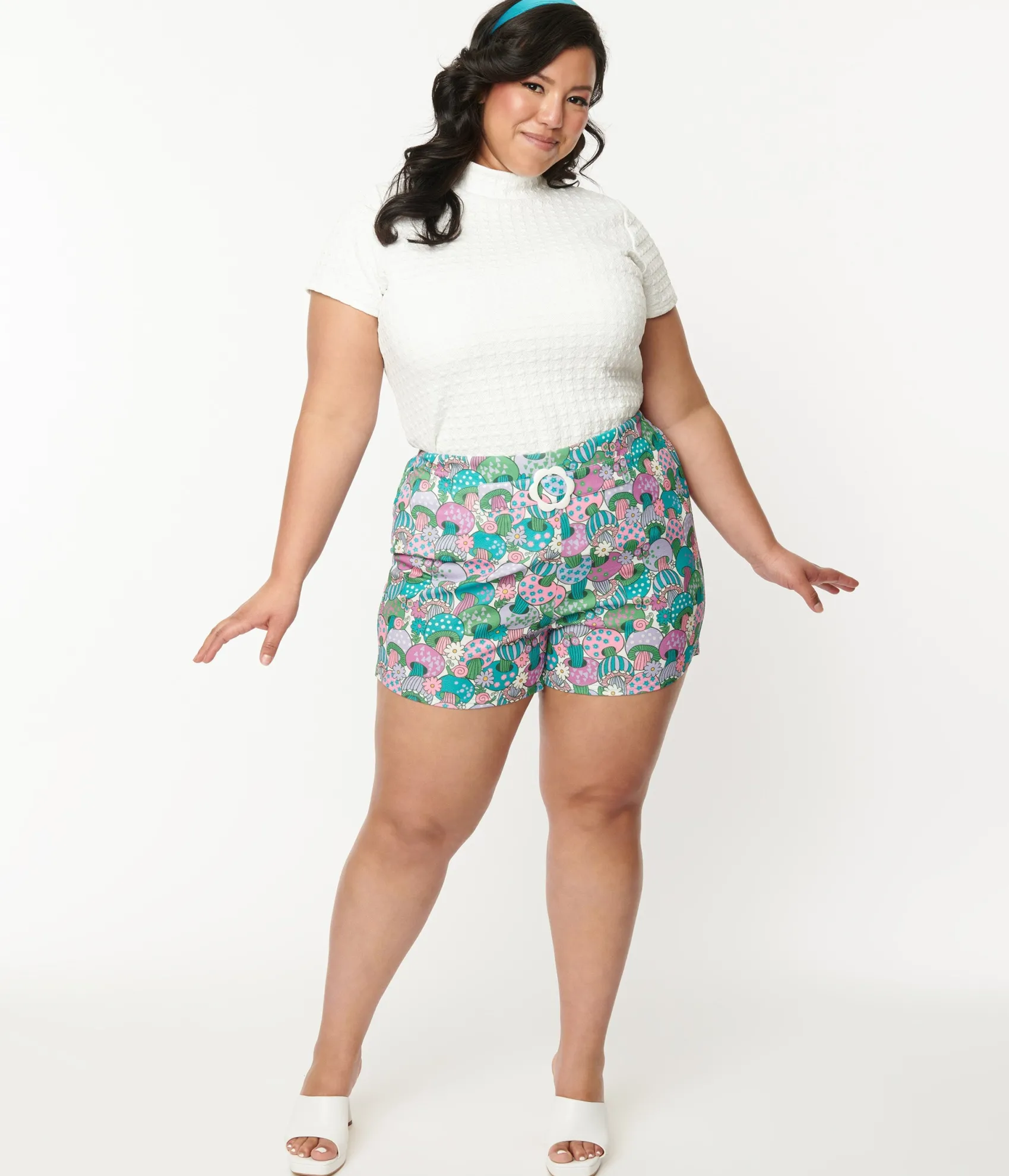 Unique Vintage Smak Parlour Plus Size Teal Groovy Mushrooms Shorts Fashion