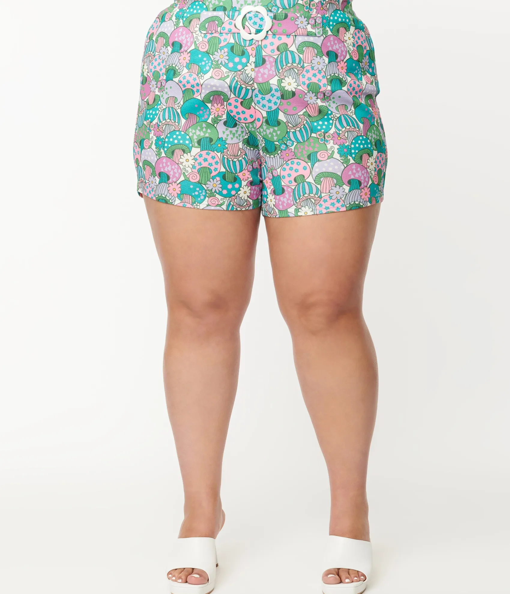 Unique Vintage Smak Parlour Plus Size Teal Groovy Mushrooms Shorts Fashion