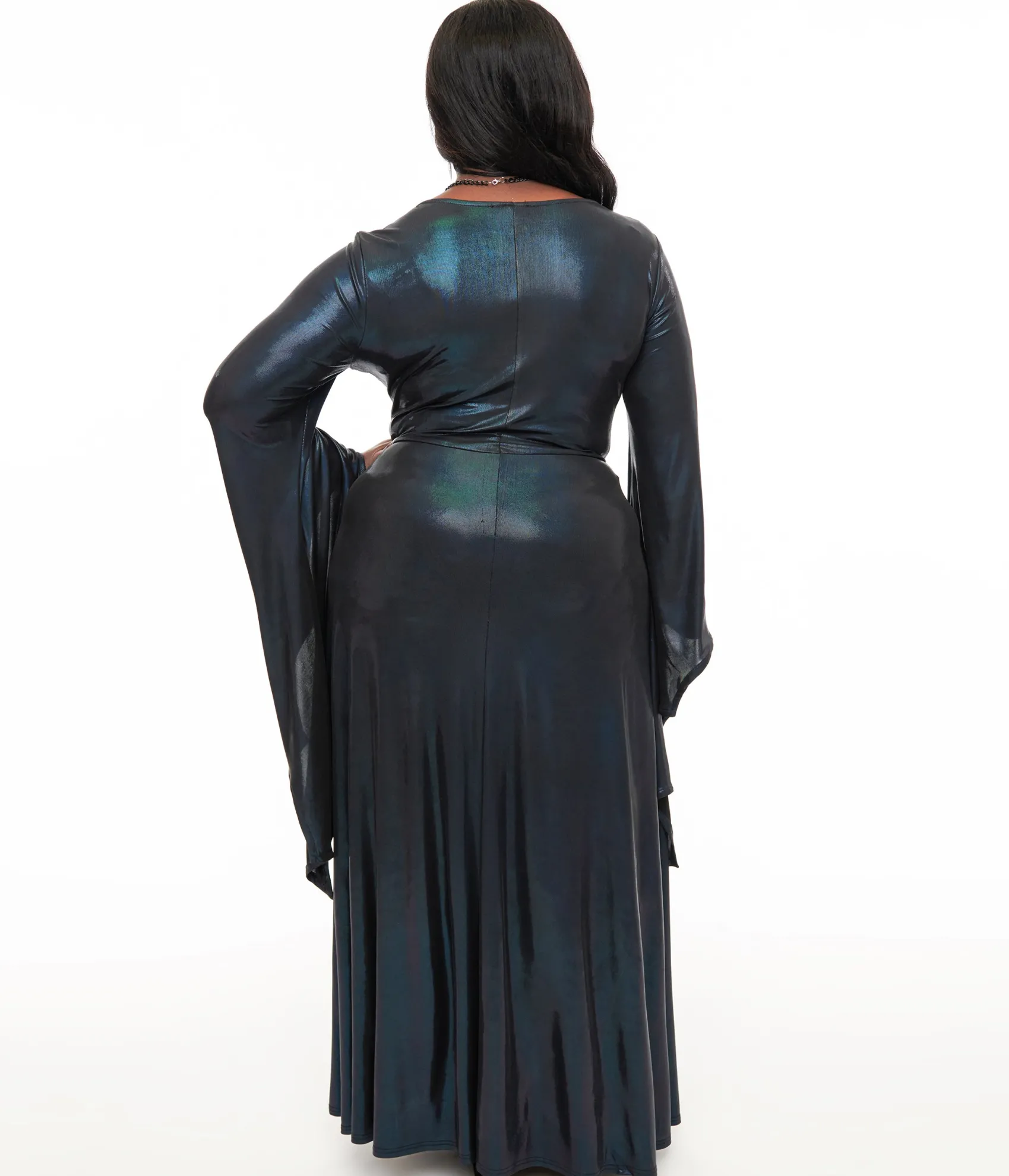Unique Vintage Smak Parlour Plus Size Y2K Iridescent Dark Blue Bat Wing Sleeve Maxi Dress Cheap