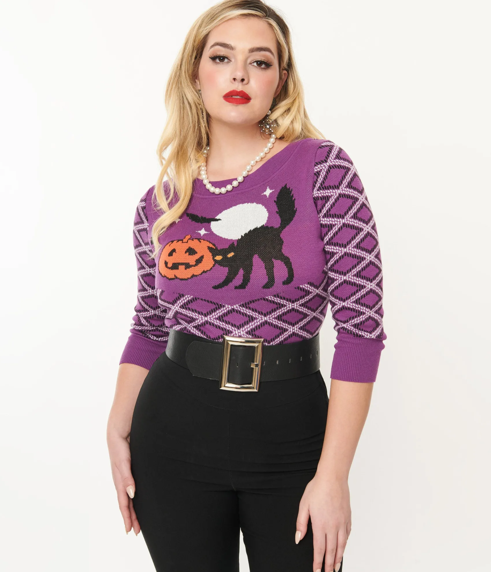 Unique Vintage Smak Parlour Purple Plaid & Black Cat Sweater Best Sale