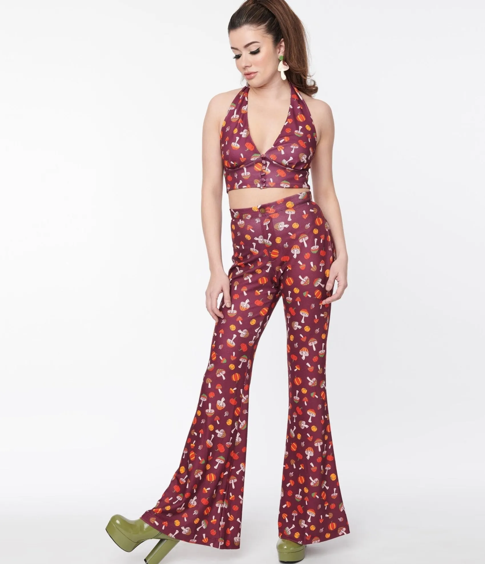 Unique Vintage Smak Parlour Purple 1970s Pumpkin & Mushrooms Find Your Flare Pants Flash Sale