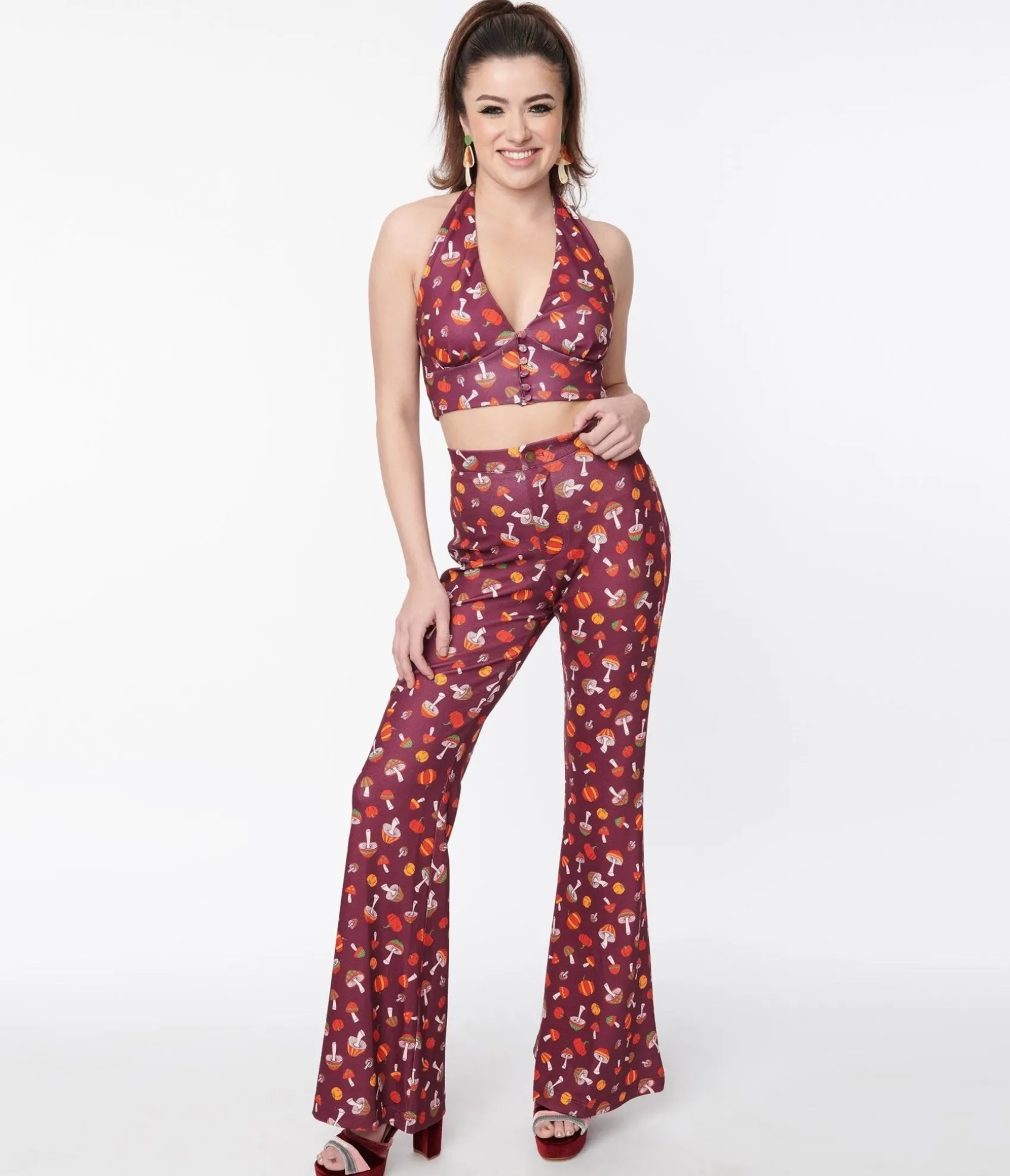 Unique Vintage Smak Parlour Purple 1970s Pumpkin & Mushrooms Find Your Flare Pants Flash Sale