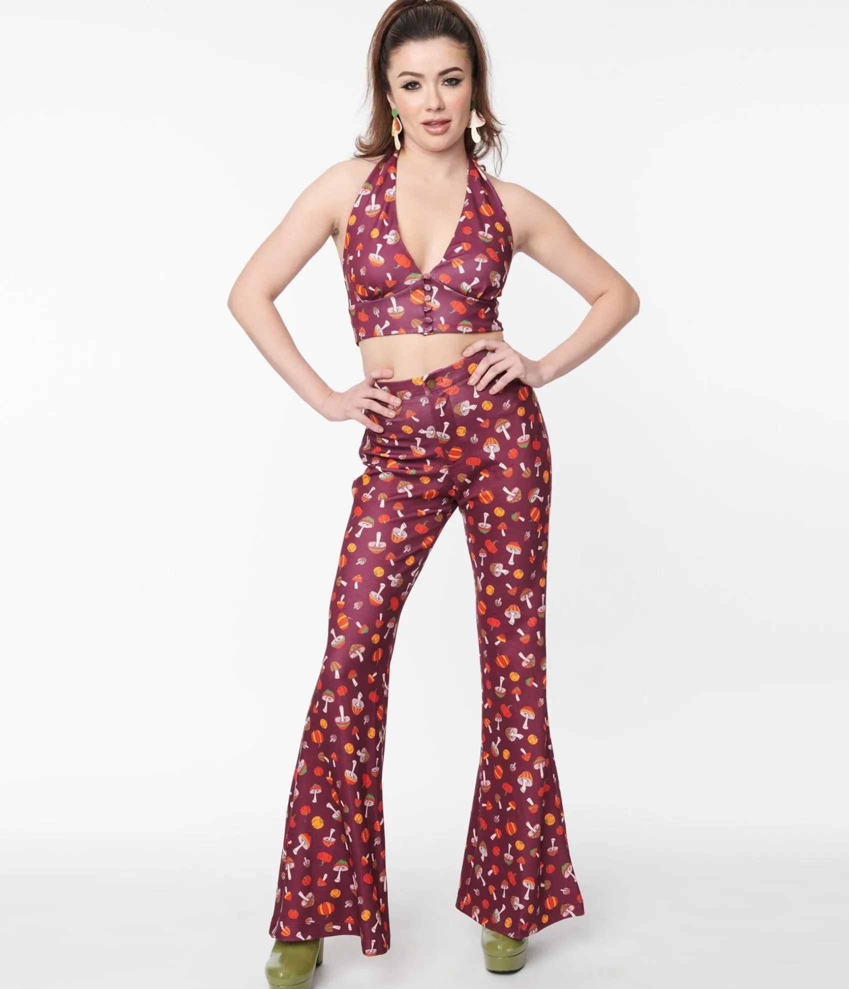 Unique Vintage Smak Parlour Purple 1970s Pumpkin & Mushrooms Find Your Flare Pants Flash Sale