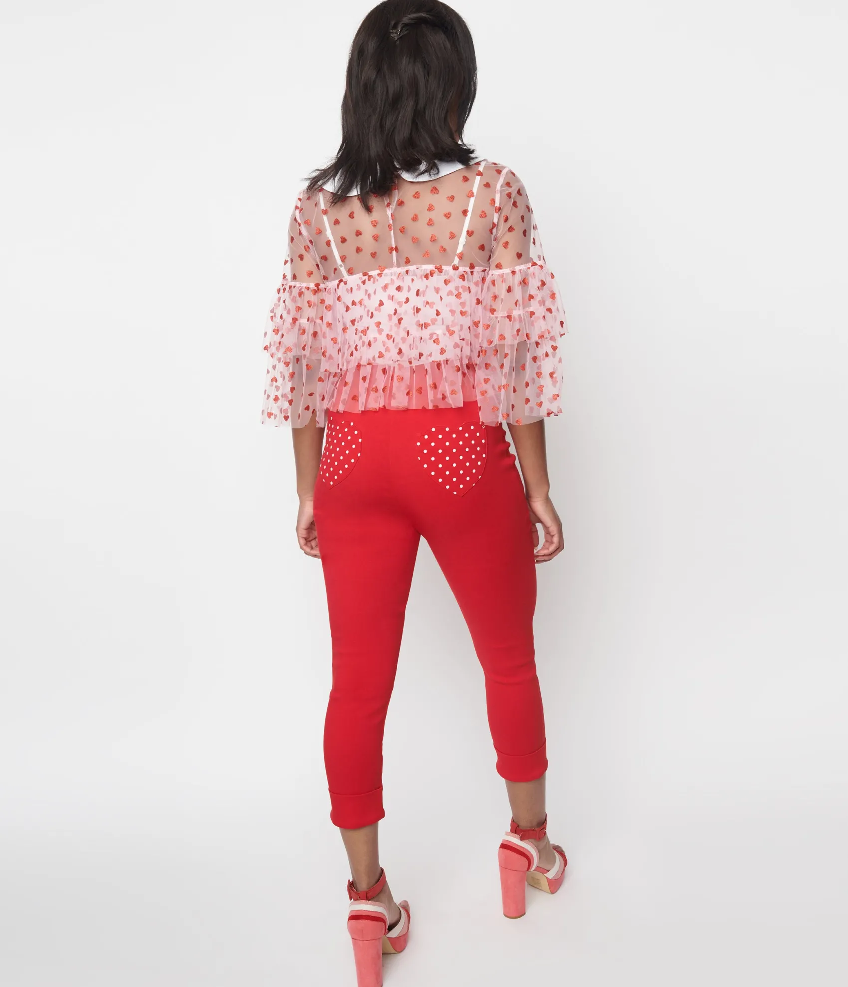 Unique Vintage Smak Parlour Red & Polka Dot Heart Pocket Smarty Pants Capri Cheap
