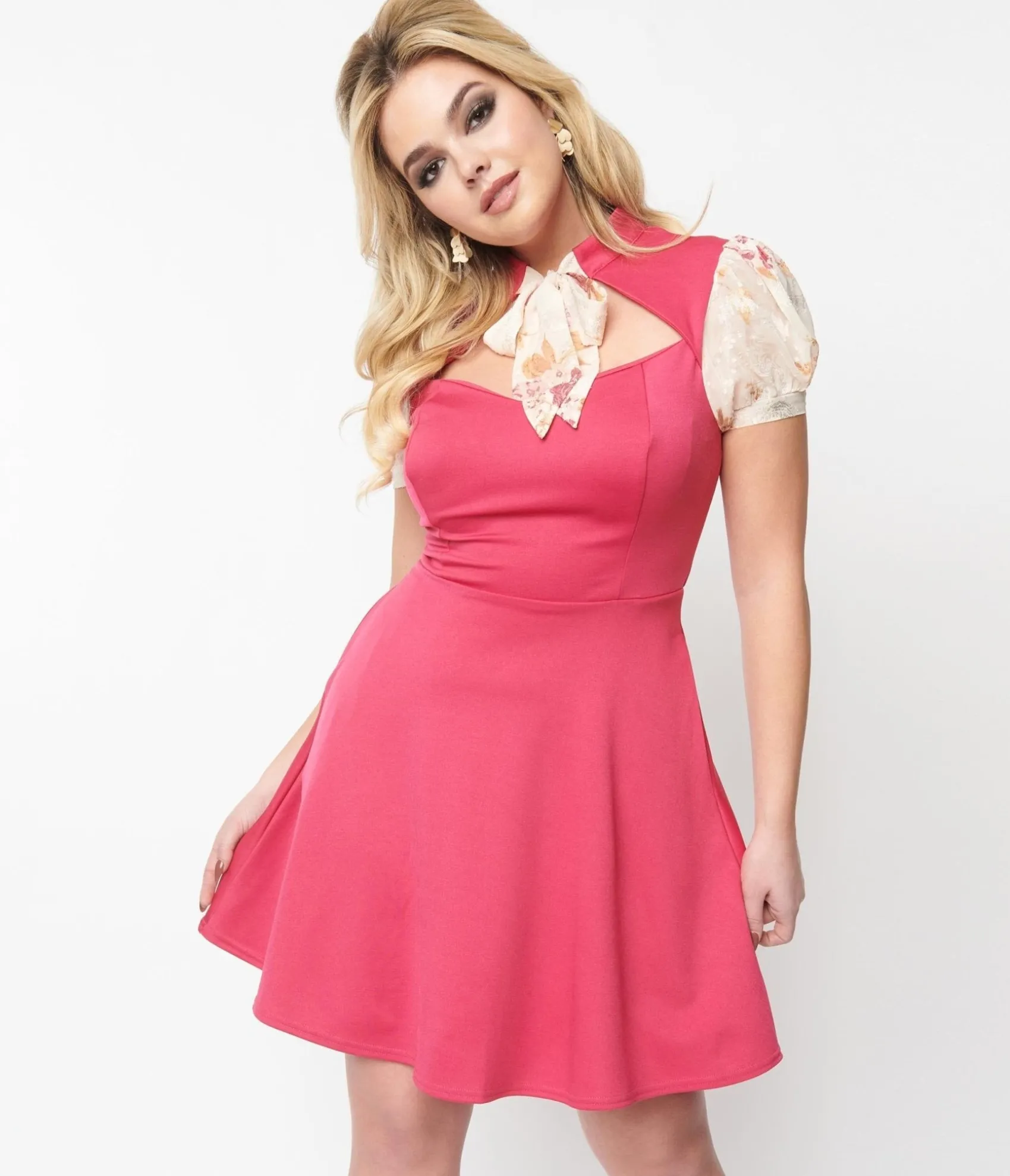 Unique Vintage Smak Parlour Rose & Cream Floral Chiffon Flare Dress Best