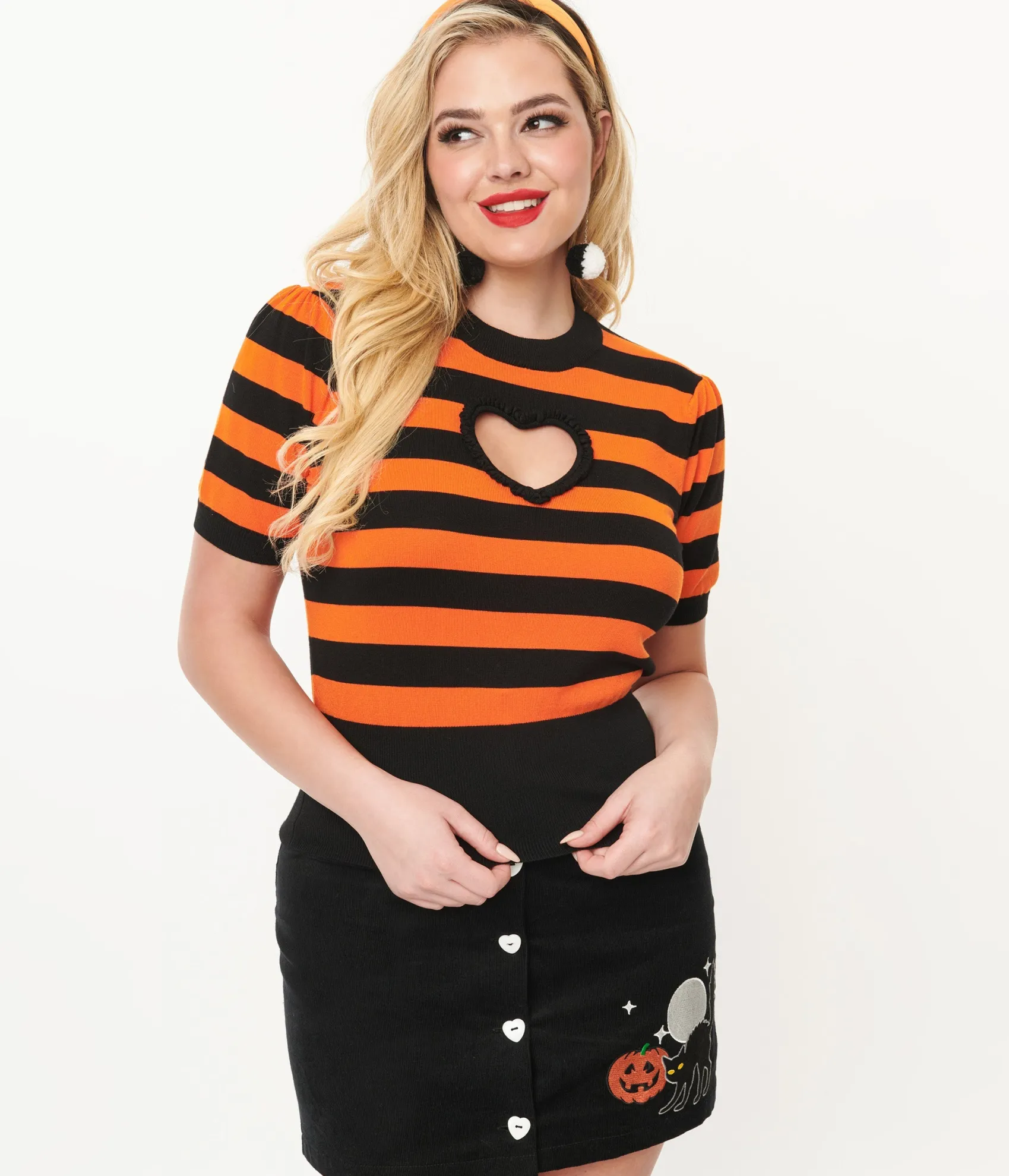 Unique Vintage Smak Parlour 1950s Black & Orange Stripe Heart Sweater Online
