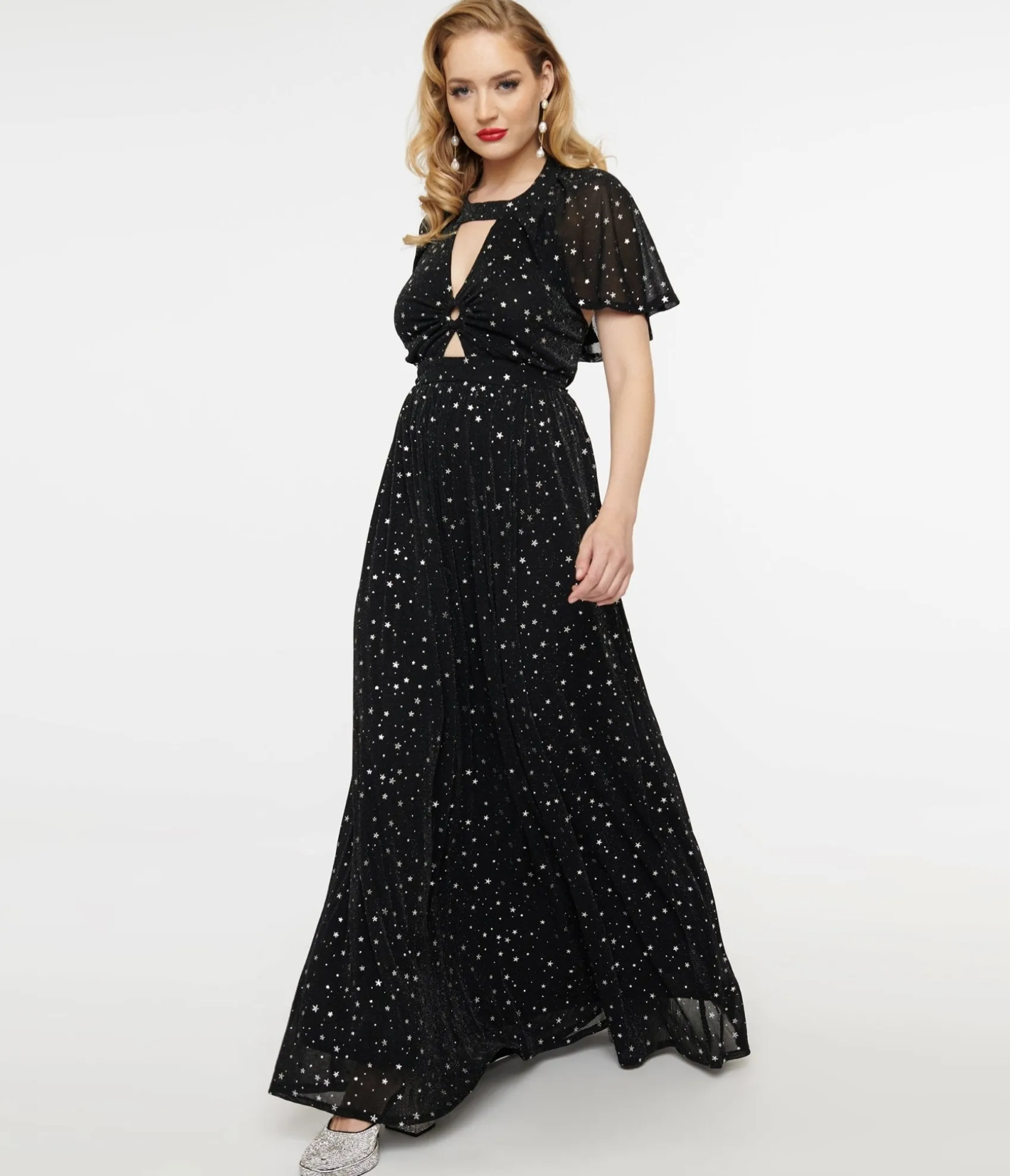 Unique Vintage Smak Parlour 1970s Black & Silver Star Cape Maxi Dress Sale