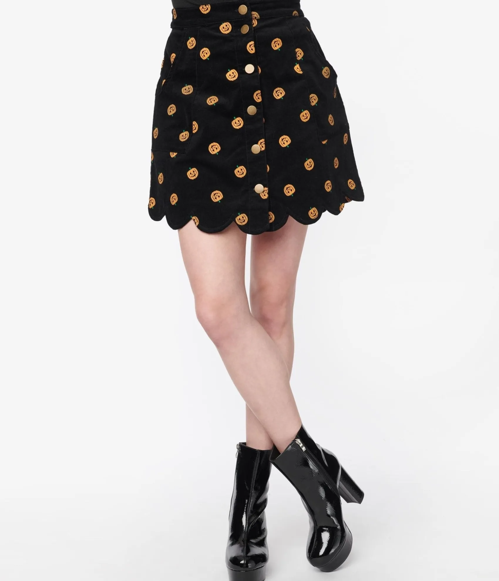 Unique Vintage Smak Parlour 1970s Black Corduroy & Pumpkin Stamp Campus Mini Skirt Sale