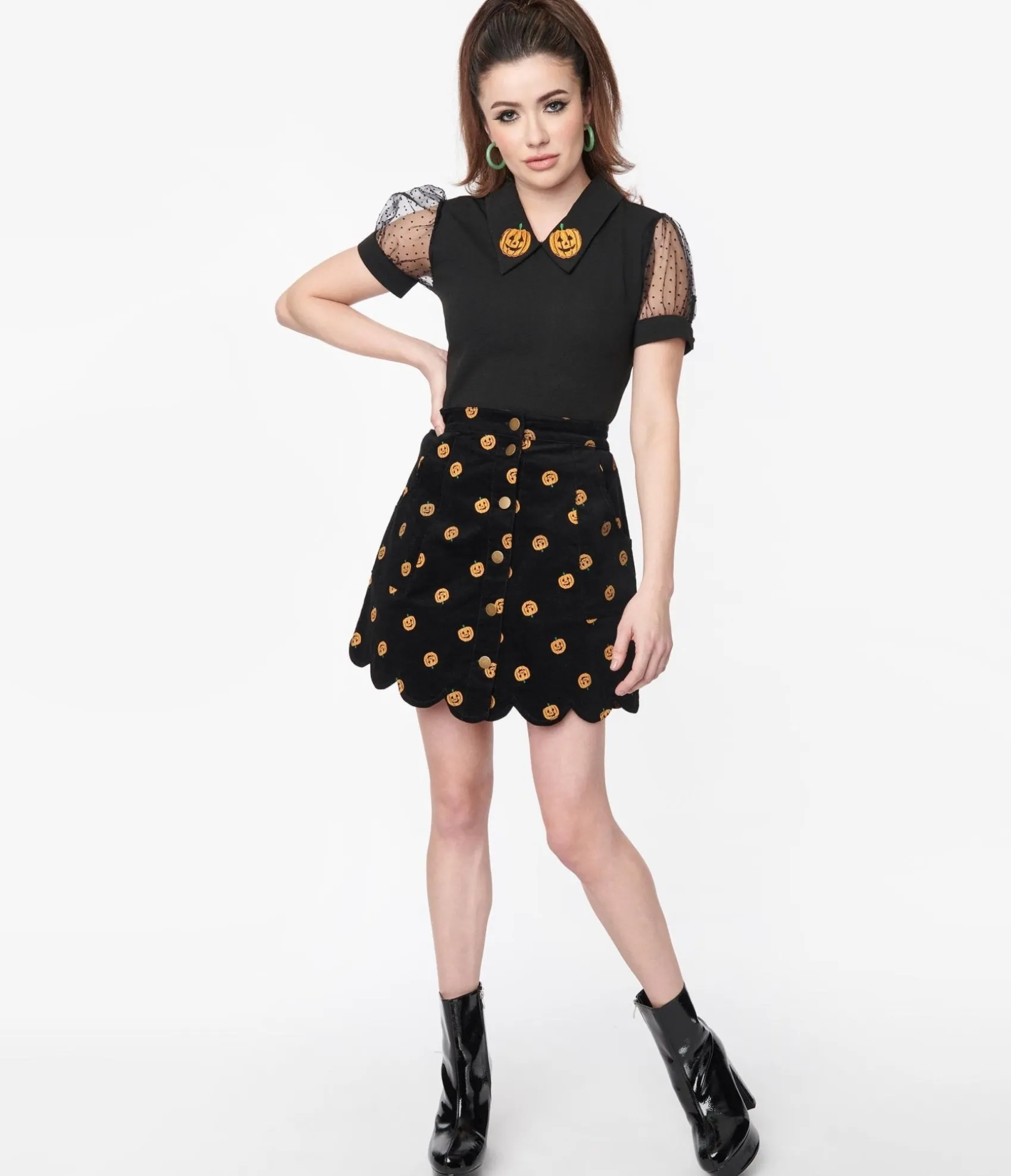 Unique Vintage Smak Parlour 1970s Black Corduroy & Pumpkin Stamp Campus Mini Skirt Sale