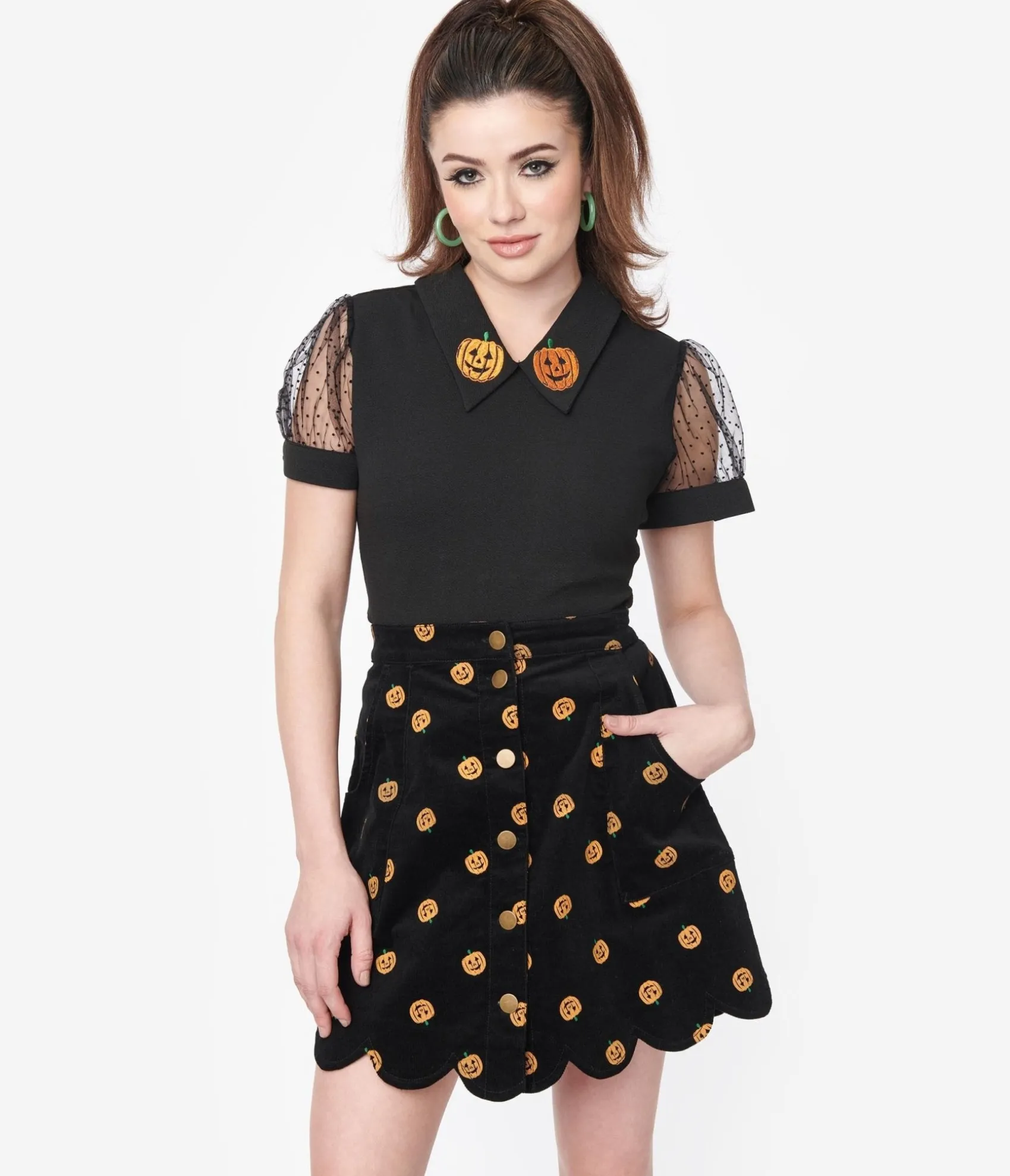 Unique Vintage Smak Parlour 1970s Black Corduroy & Pumpkin Stamp Campus Mini Skirt Sale