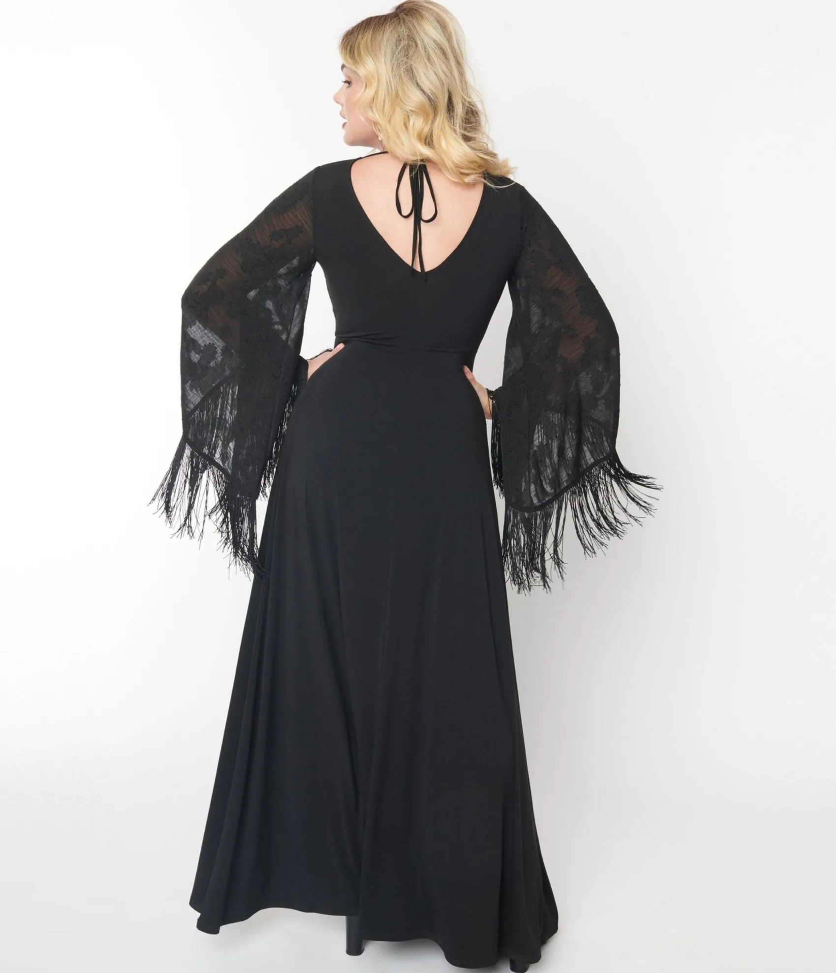 Unique Vintage Smak Parlour 1970s Black Floral Fringe Sleeve Maxi Dress Flash Sale
