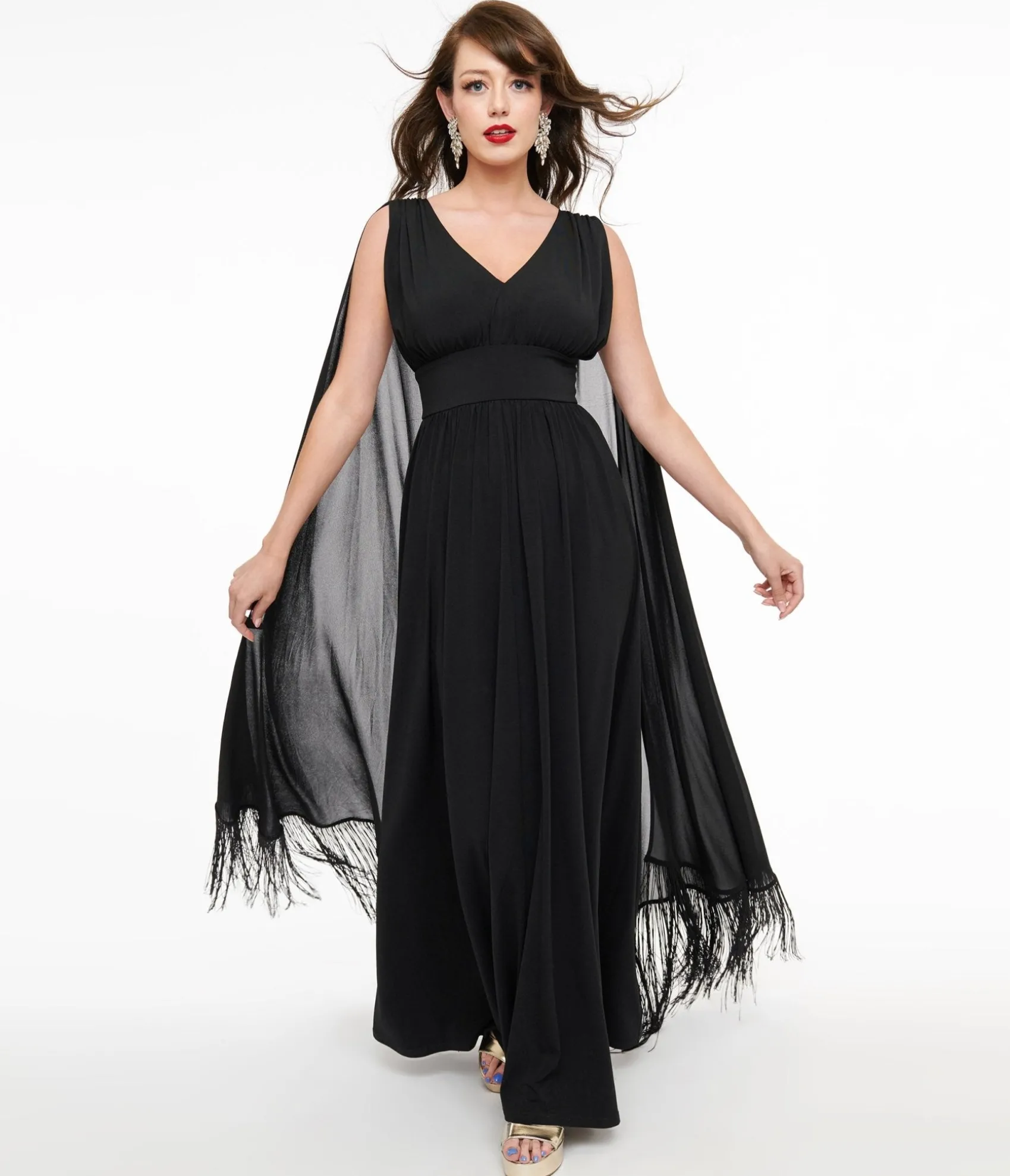 Unique Vintage Smak Parlour 1970s Black Fringe Cape Maxi Dress Flash Sale