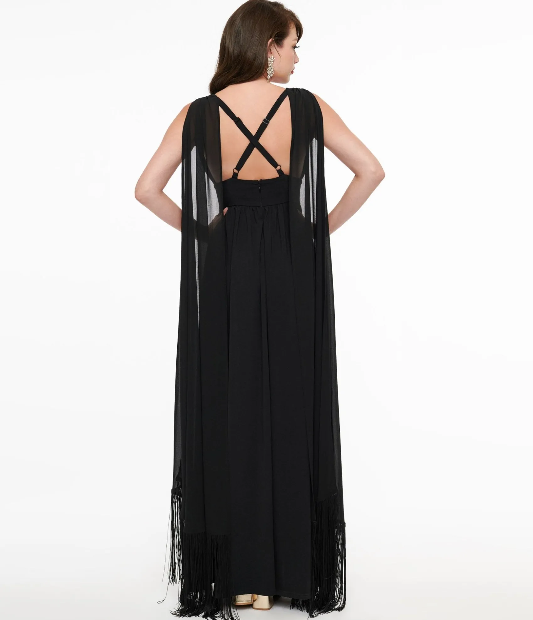 Unique Vintage Smak Parlour 1970s Black Fringe Cape Maxi Dress Flash Sale