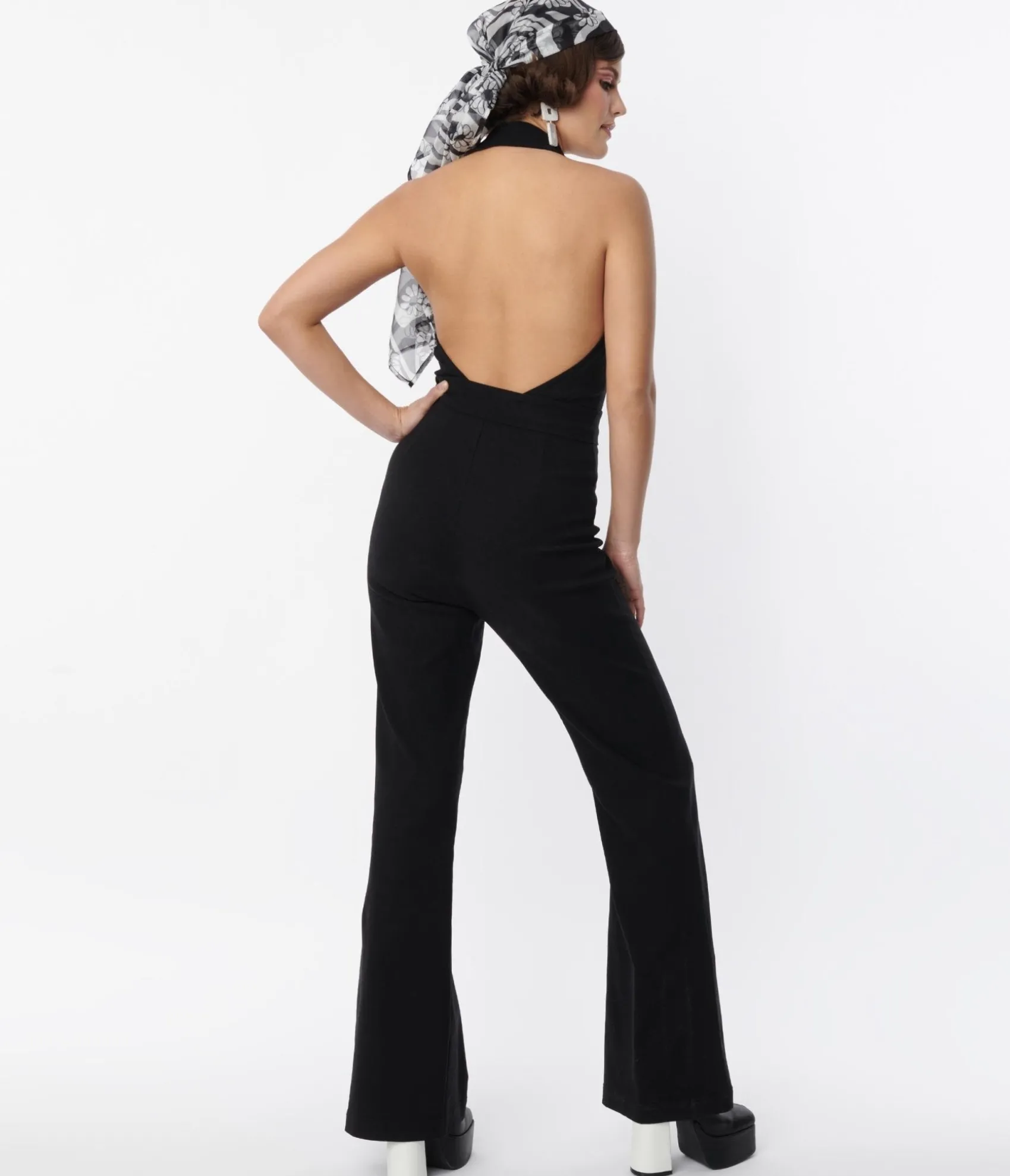 Unique Vintage Smak Parlour 1970s Black Front Zipper Halter Jumpsuit Sale
