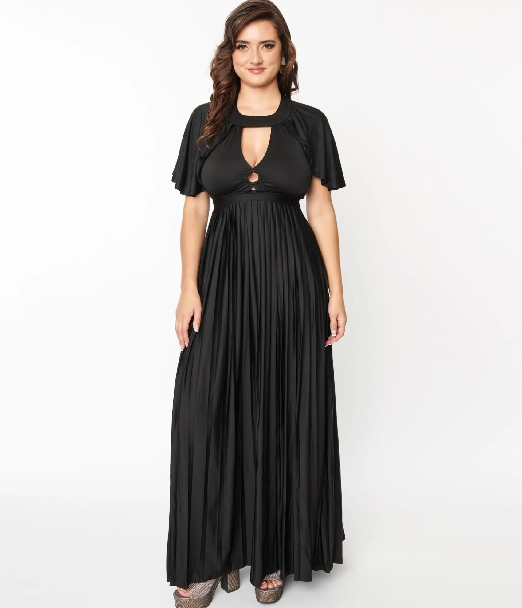Unique Vintage Smak Parlour 1970s Black Pleated Cape Maxi Dress Store