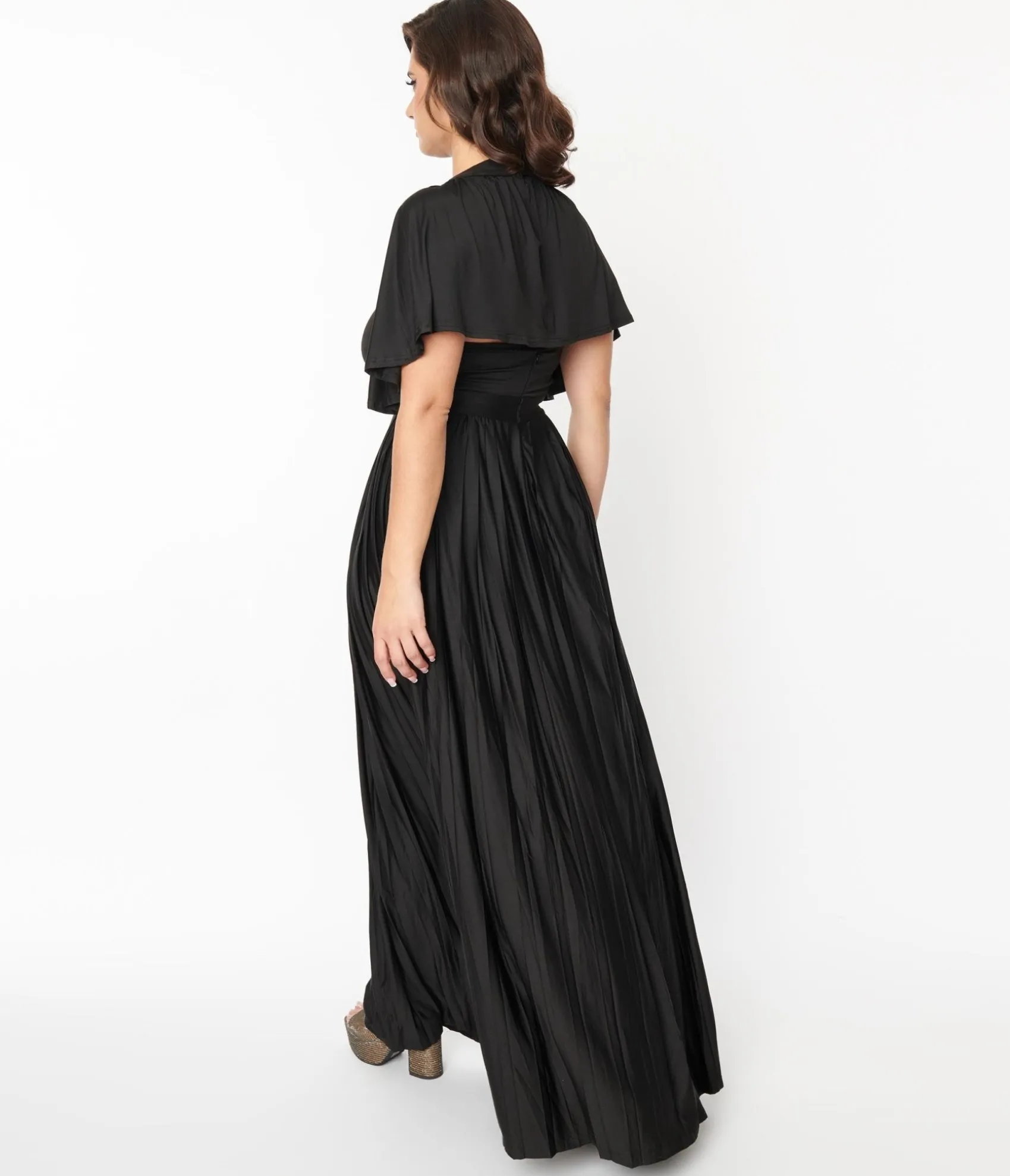 Unique Vintage Smak Parlour 1970s Black Pleated Cape Maxi Dress Store