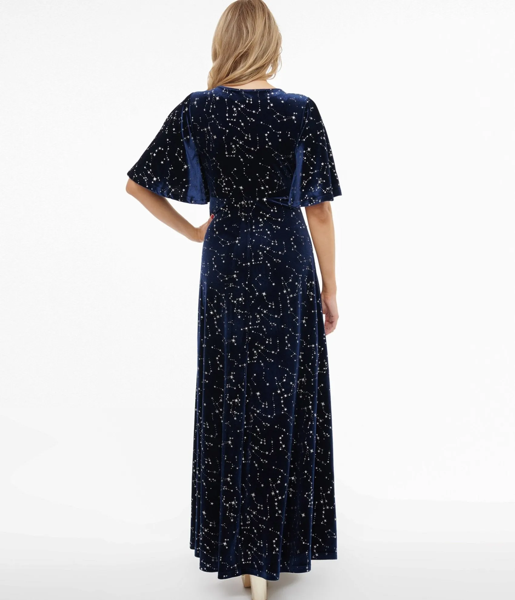 Unique Vintage Smak Parlour 1970s Blue Velvet Silver Stars Cutout Maxi Dress Online