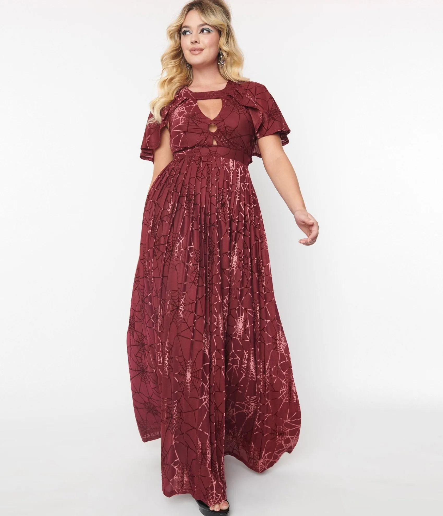 Unique Vintage Smak Parlour 1970s Burgundy & Velvet Spiderweb Cape Maxi Dress Discount