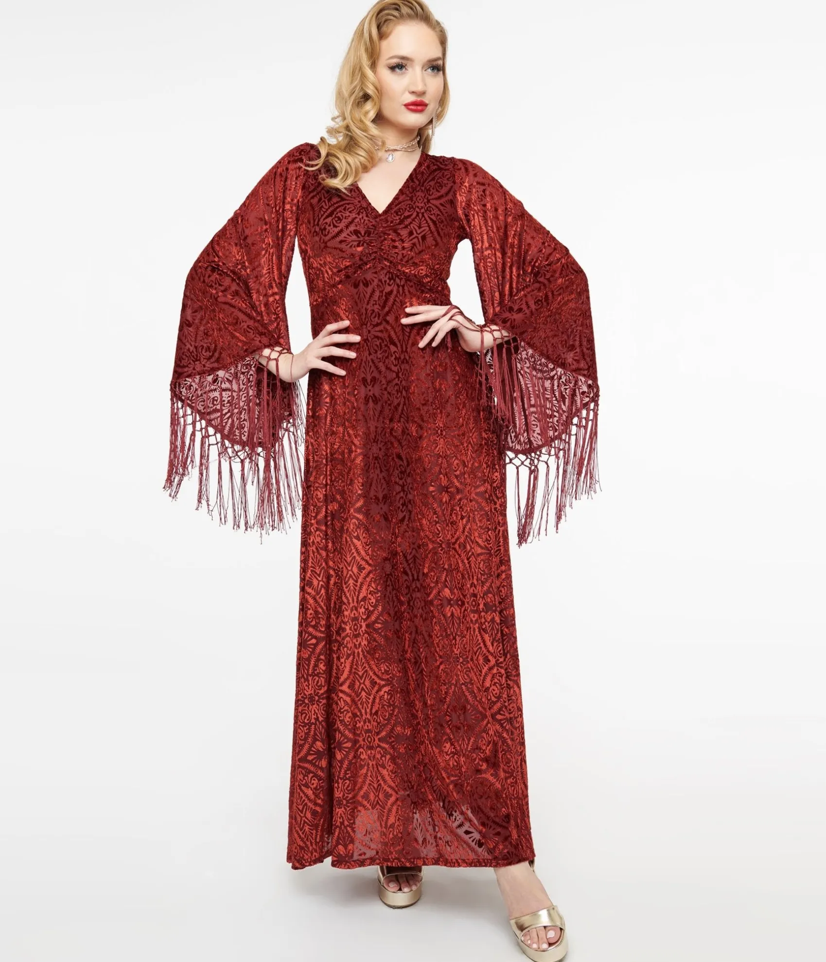 Unique Vintage Smak Parlour 1970s Burgundy Velvet Burnout Fringe Sleeve Maxi Dress Discount