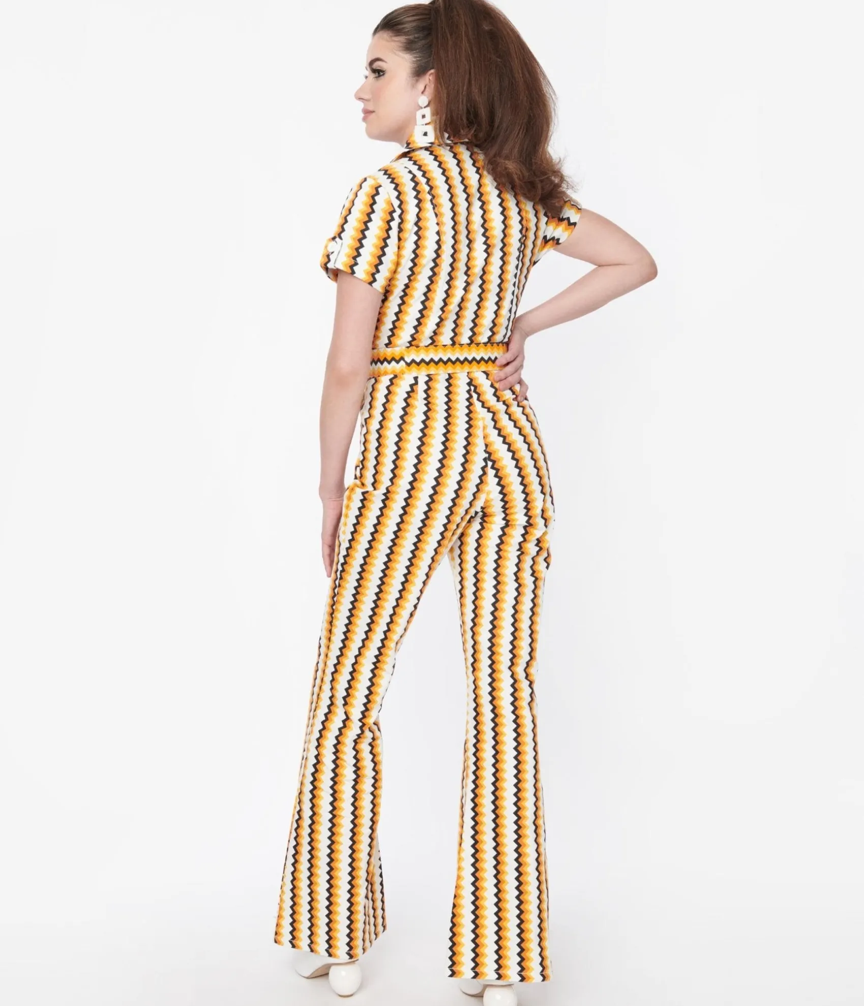 Unique Vintage Smak Parlour 1970s Candy Corn Zig Zag Stripe Flare Jumpsuit Best Sale