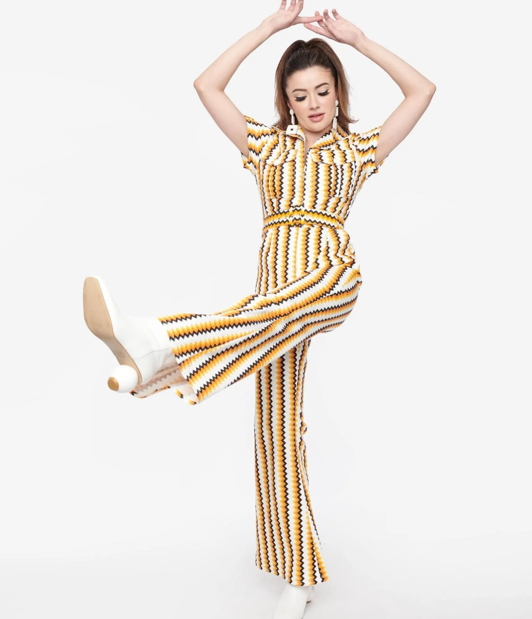 Unique Vintage Smak Parlour 1970s Candy Corn Zig Zag Stripe Flare Jumpsuit Best Sale