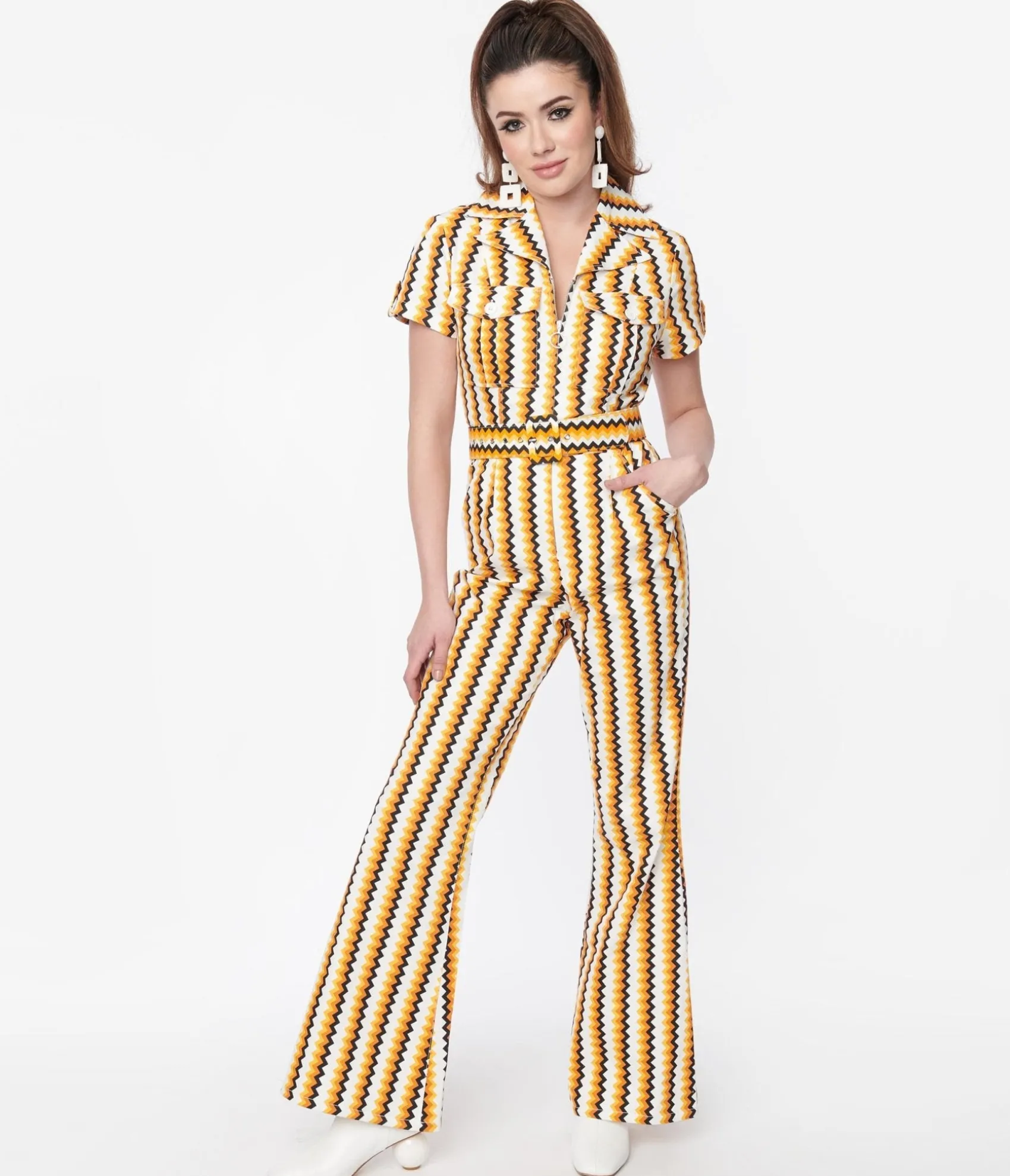 Unique Vintage Smak Parlour 1970s Candy Corn Zig Zag Stripe Flare Jumpsuit Best Sale