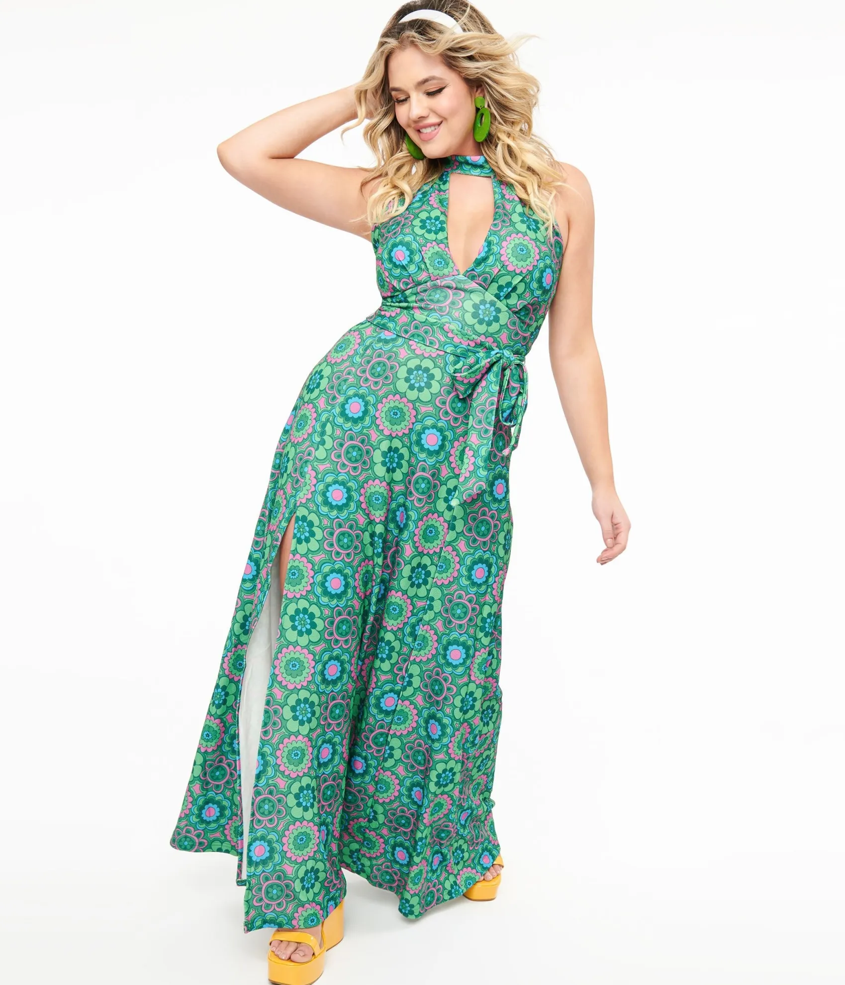 Unique Vintage Smak Parlour 1960s Emerald Floral Halter Maxi Dress Fashion