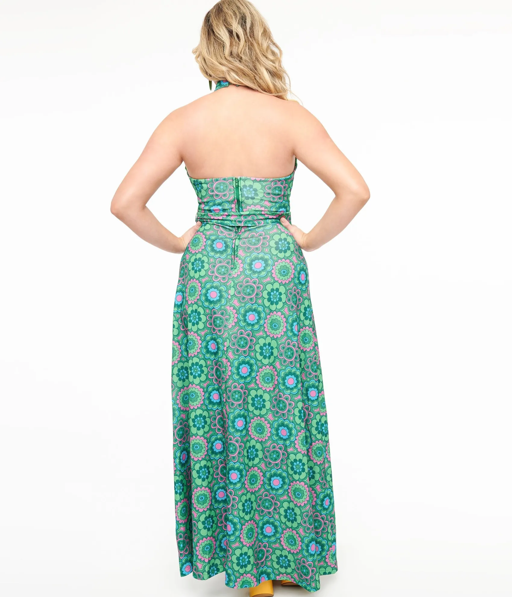 Unique Vintage Smak Parlour 1960s Emerald Floral Halter Maxi Dress Fashion