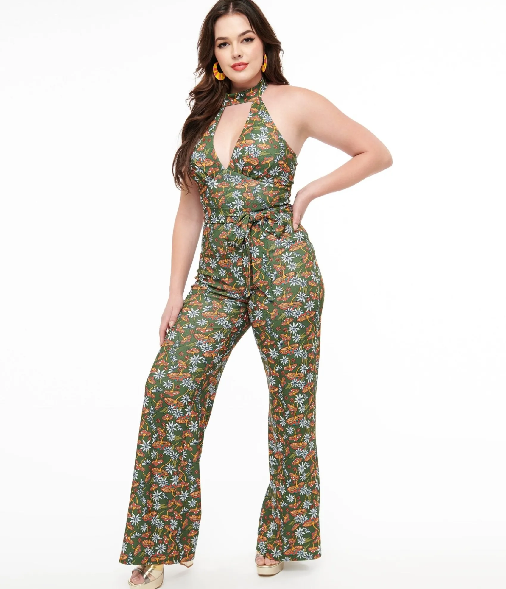 Unique Vintage Smak Parlour 1960s Green & Orange Mushroom Glamour Goddess Jumpsuit Sale