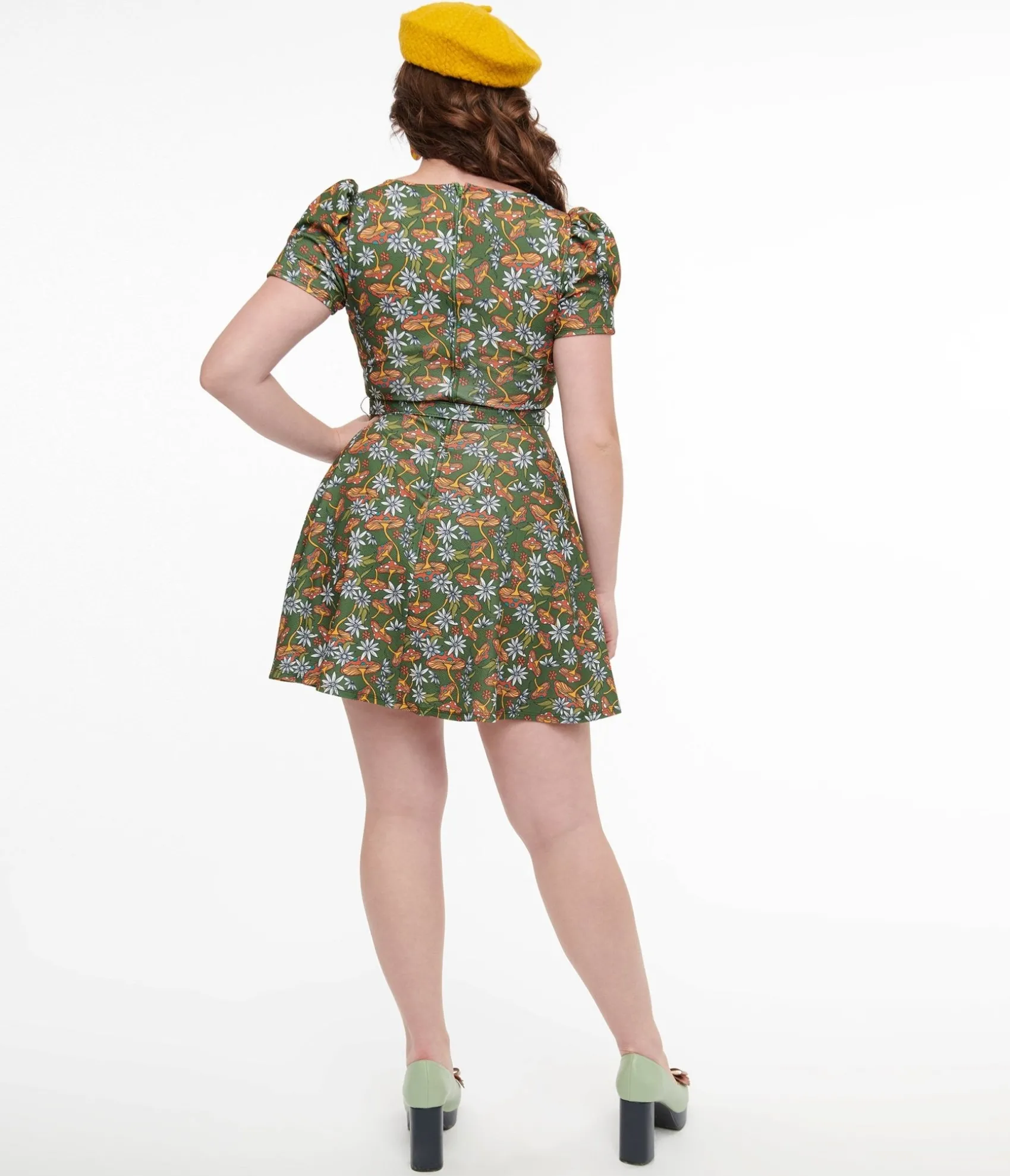 Unique Vintage Smak Parlour 1960s Green & Orange Mushroom Group Chat Flare Dress Shop