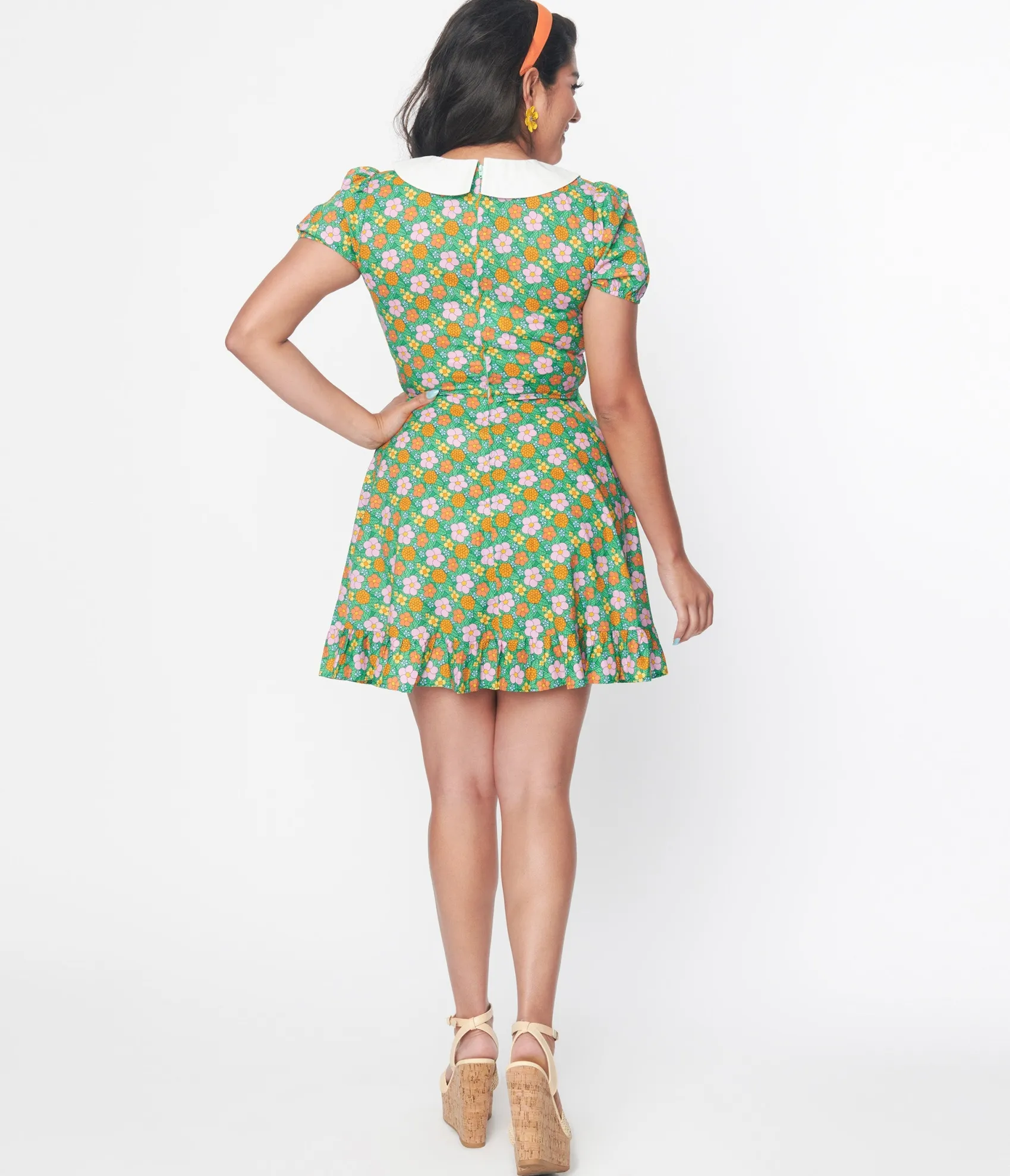 Unique Vintage Smak Parlour 1960s Green Floral Smocked Fit & Flare Dress Discount