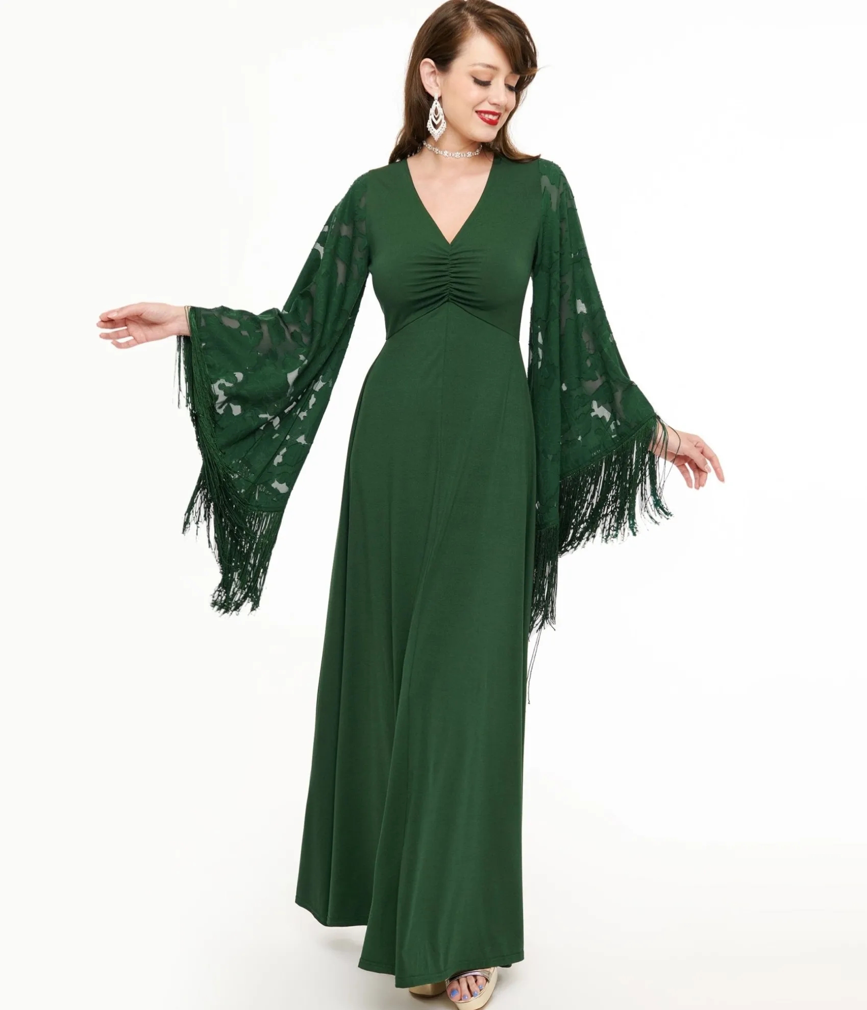 Unique Vintage Smak Parlour 1970s Green Fringe Sleeve Maxi Dress Cheap