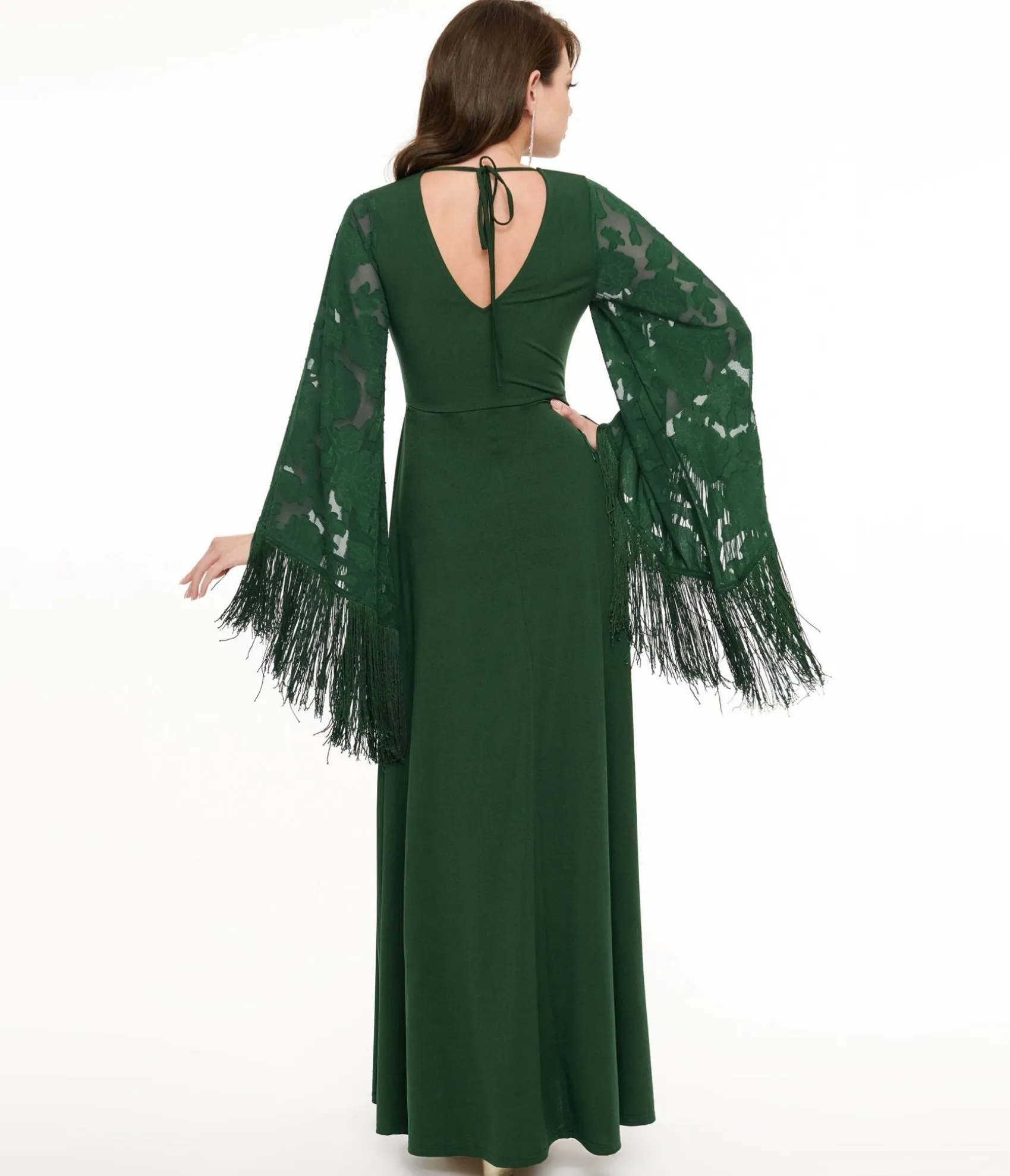 Unique Vintage Smak Parlour 1970s Green Fringe Sleeve Maxi Dress Cheap