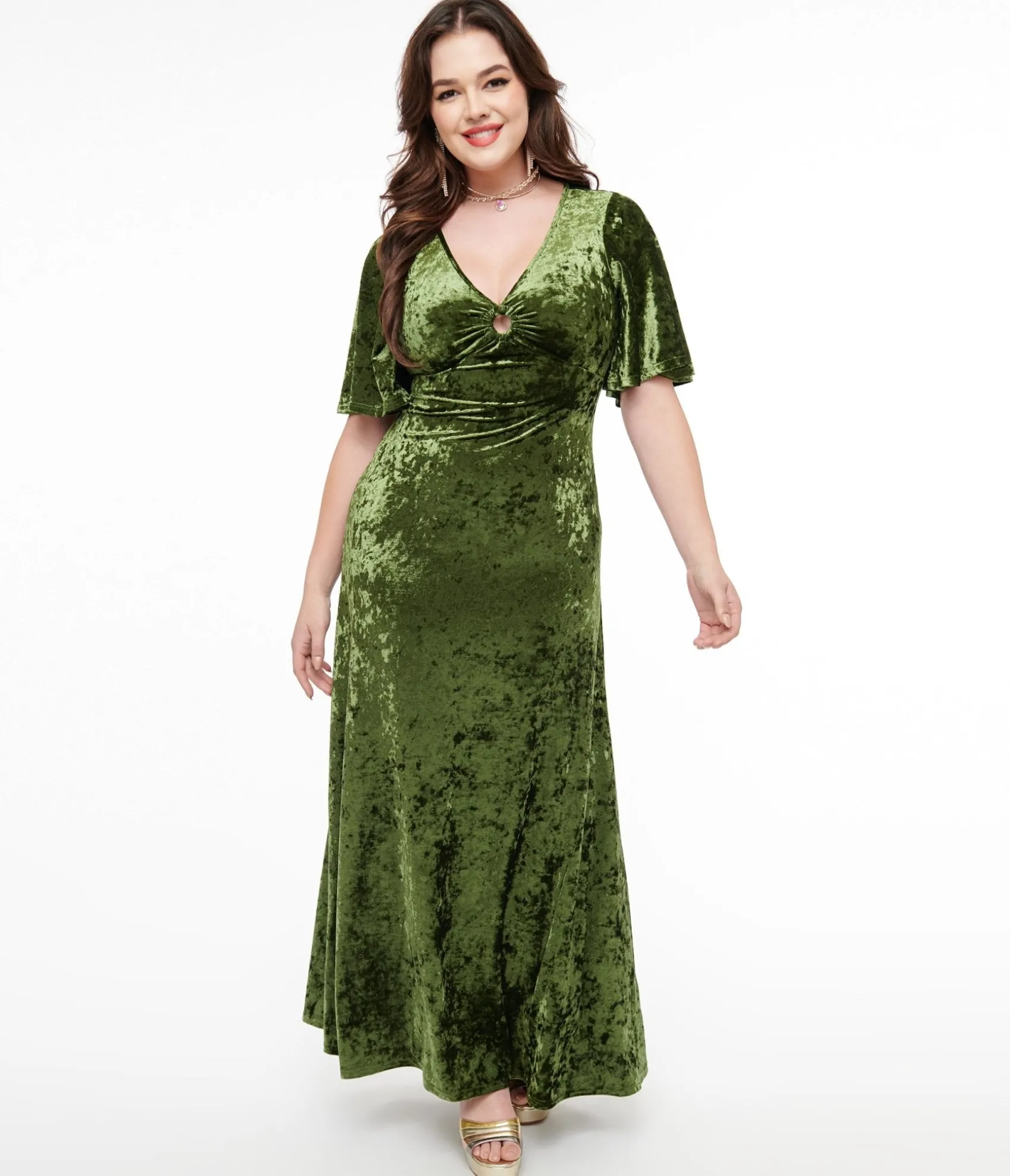 Unique Vintage Smak Parlour 1970s Mossy Green Velvet Cutout Maxi Dress Best