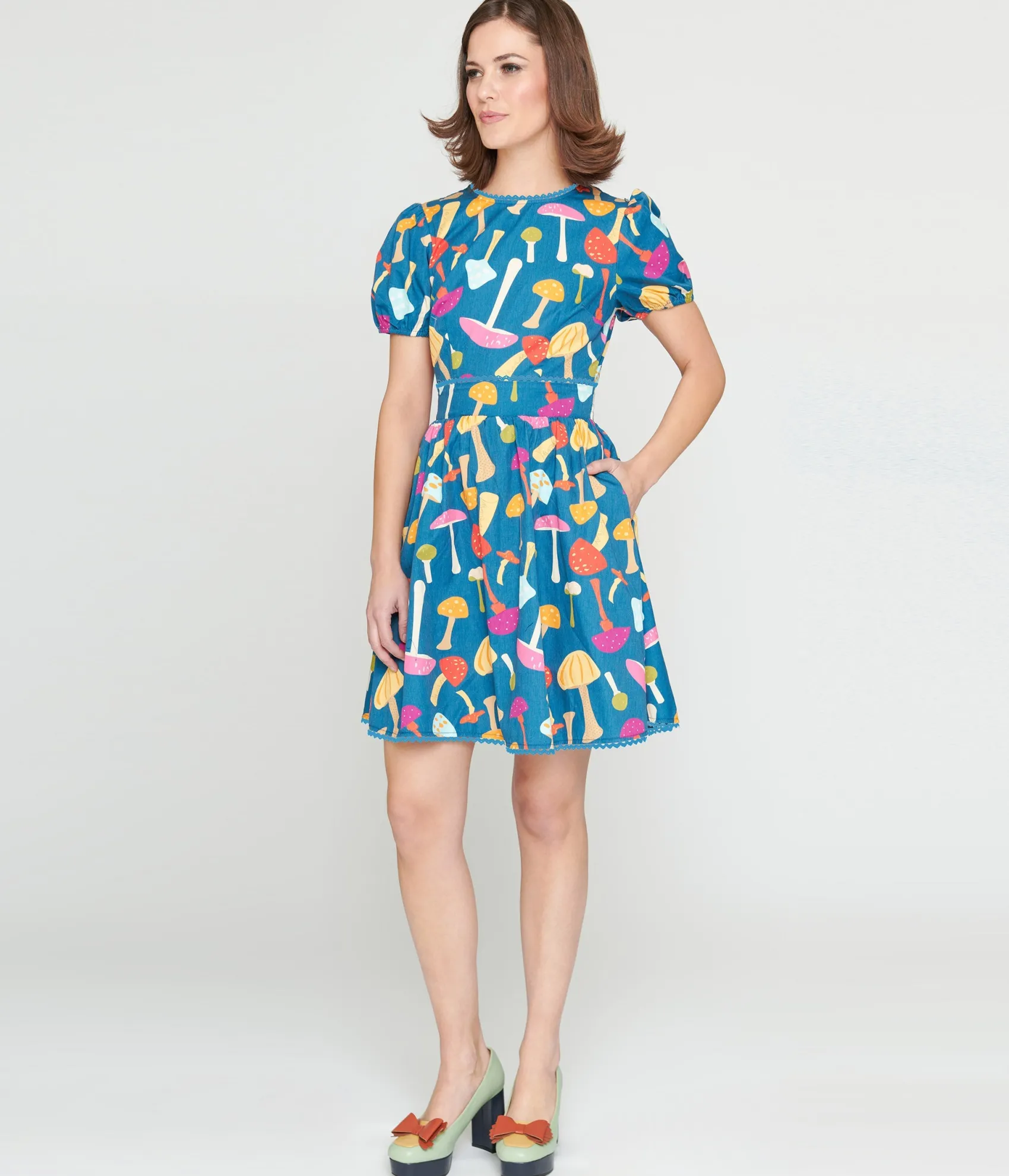 Unique Vintage Smak Parlour 1960s Navy & Rainbow Mushroom Open Back Flare Dress Cheap