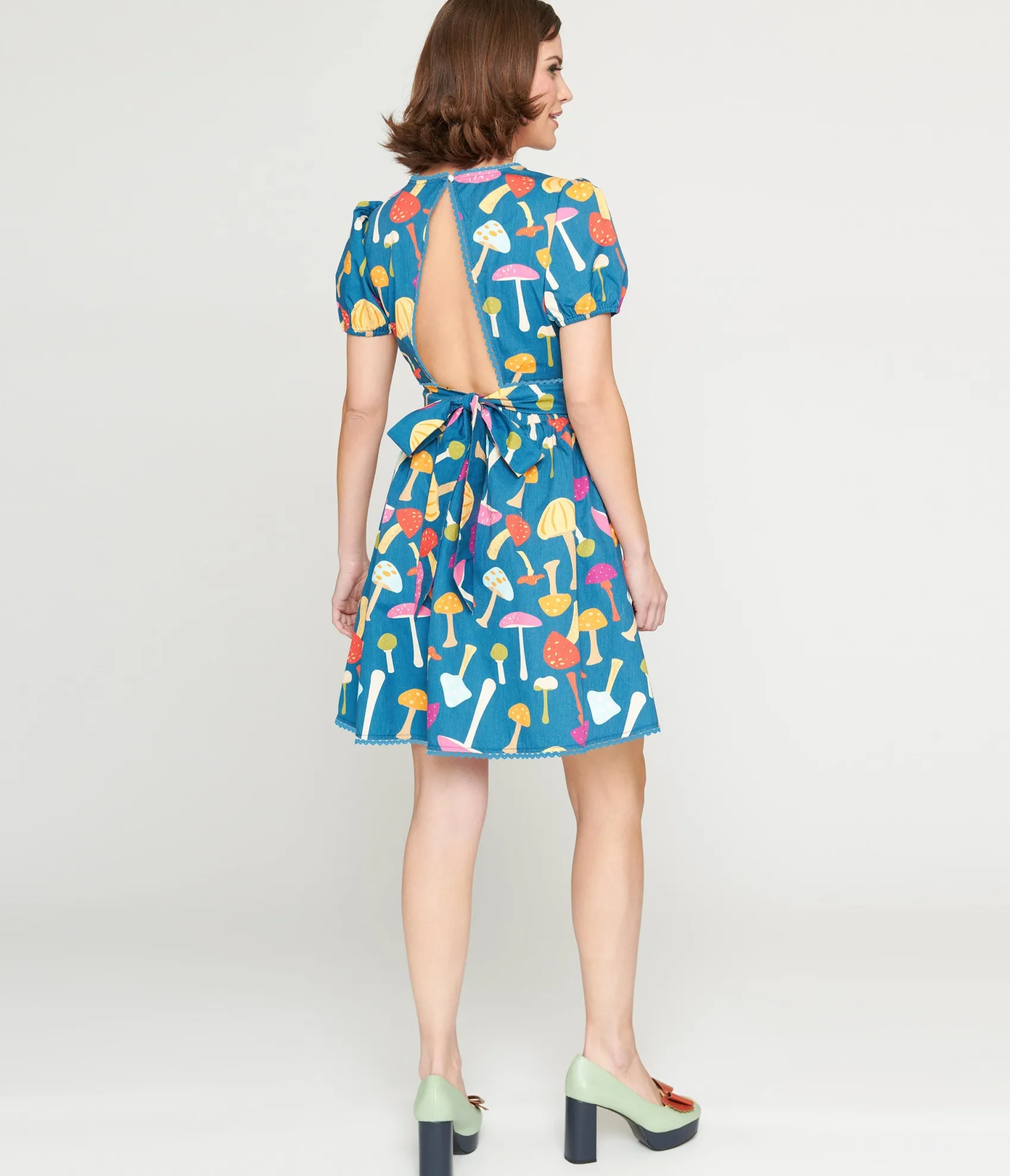 Unique Vintage Smak Parlour 1960s Navy & Rainbow Mushroom Open Back Flare Dress Cheap