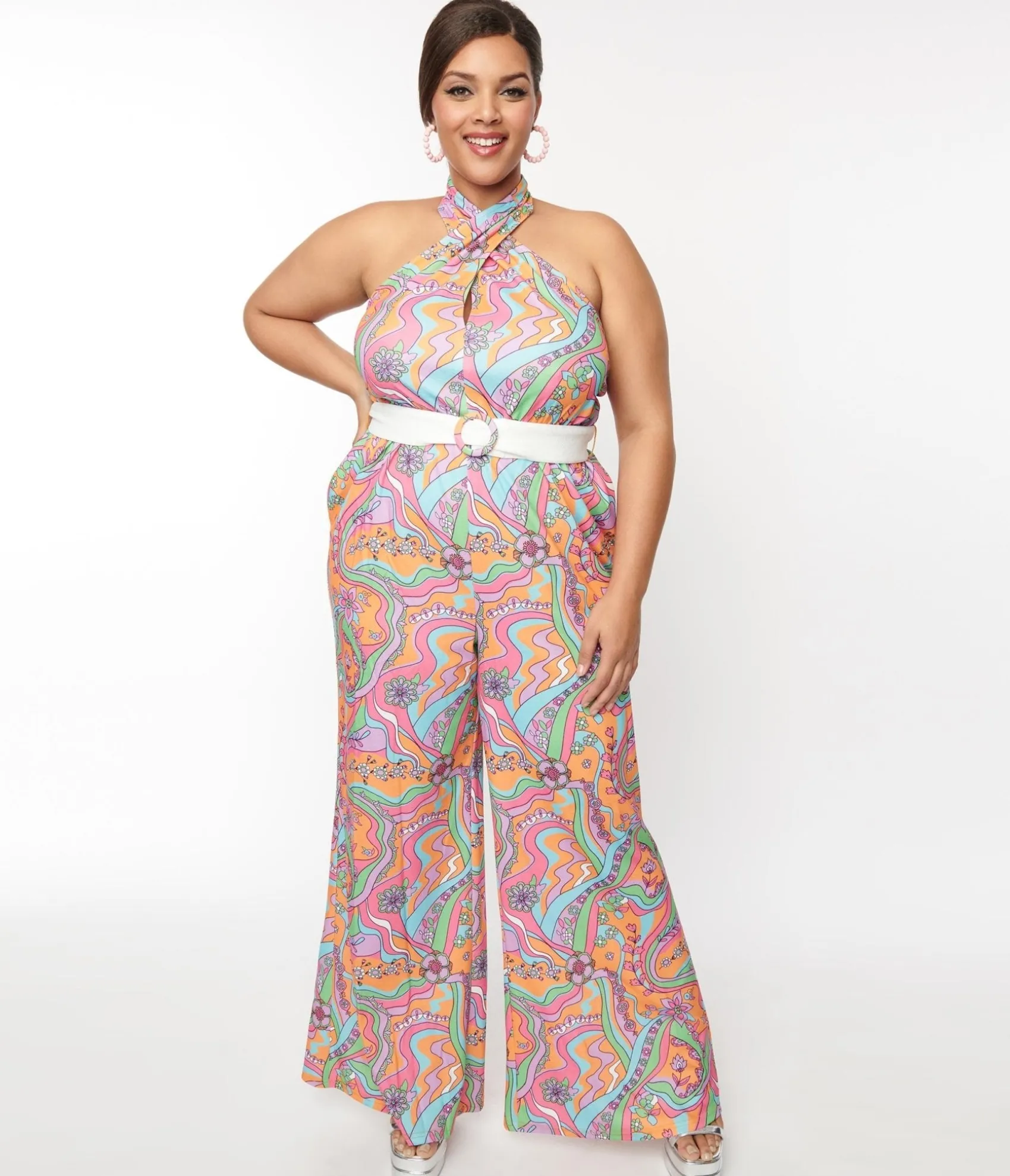 Unique Vintage Smak Parlour 1970s Orange Wavy Daisy Psychedelic Draped Darling Jumpsuit Best Sale