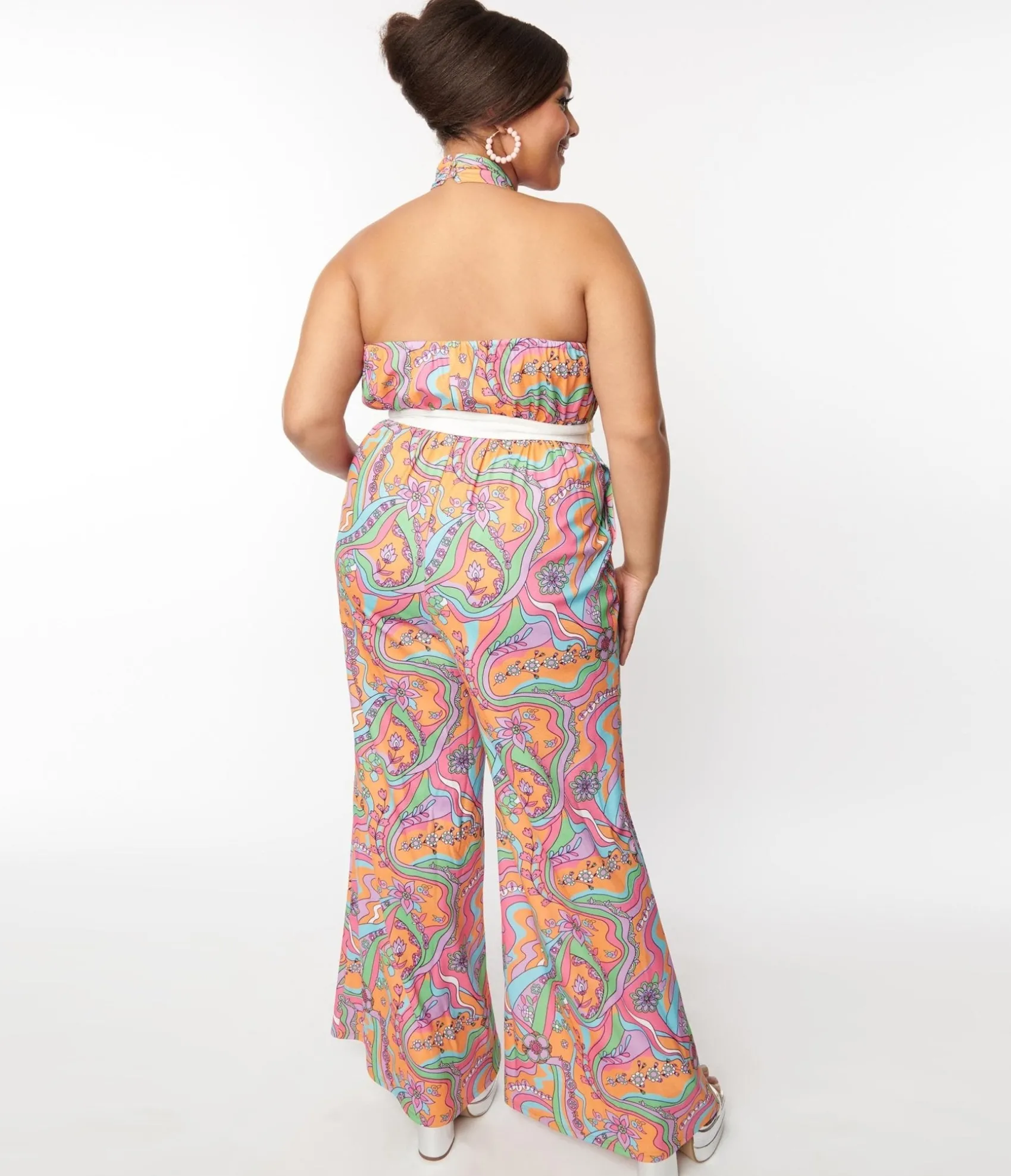 Unique Vintage Smak Parlour 1970s Orange Wavy Daisy Psychedelic Draped Darling Jumpsuit Best Sale