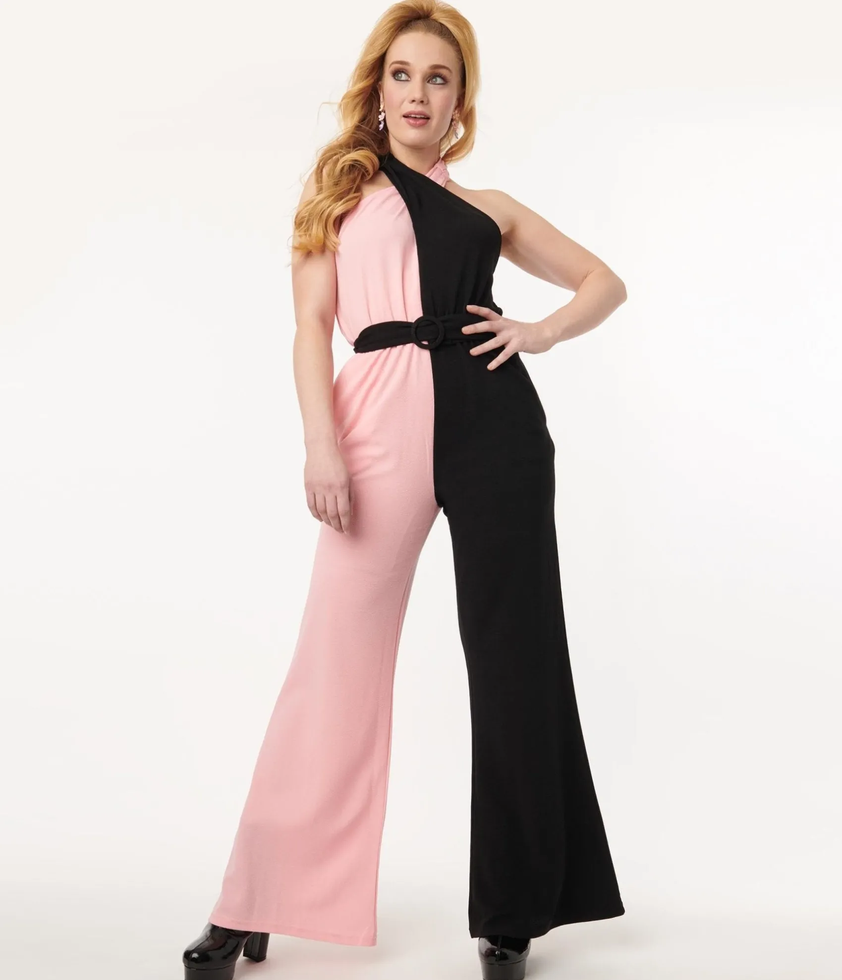 Unique Vintage Smak Parlour 1970s Pink & Black Colorblock Draped Darling Jumpsuit Store