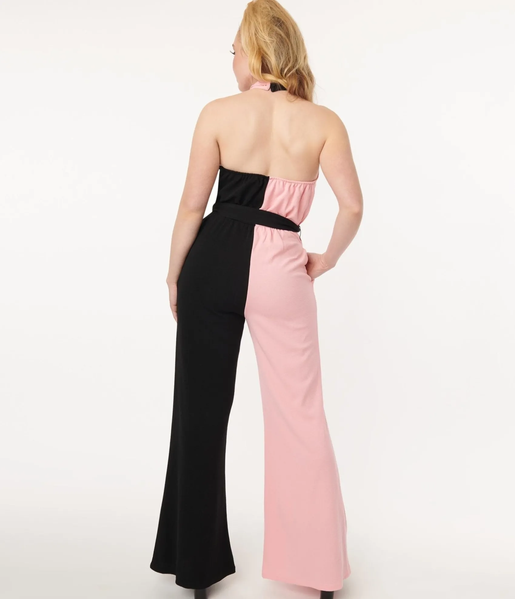 Unique Vintage Smak Parlour 1970s Pink & Black Colorblock Draped Darling Jumpsuit Store