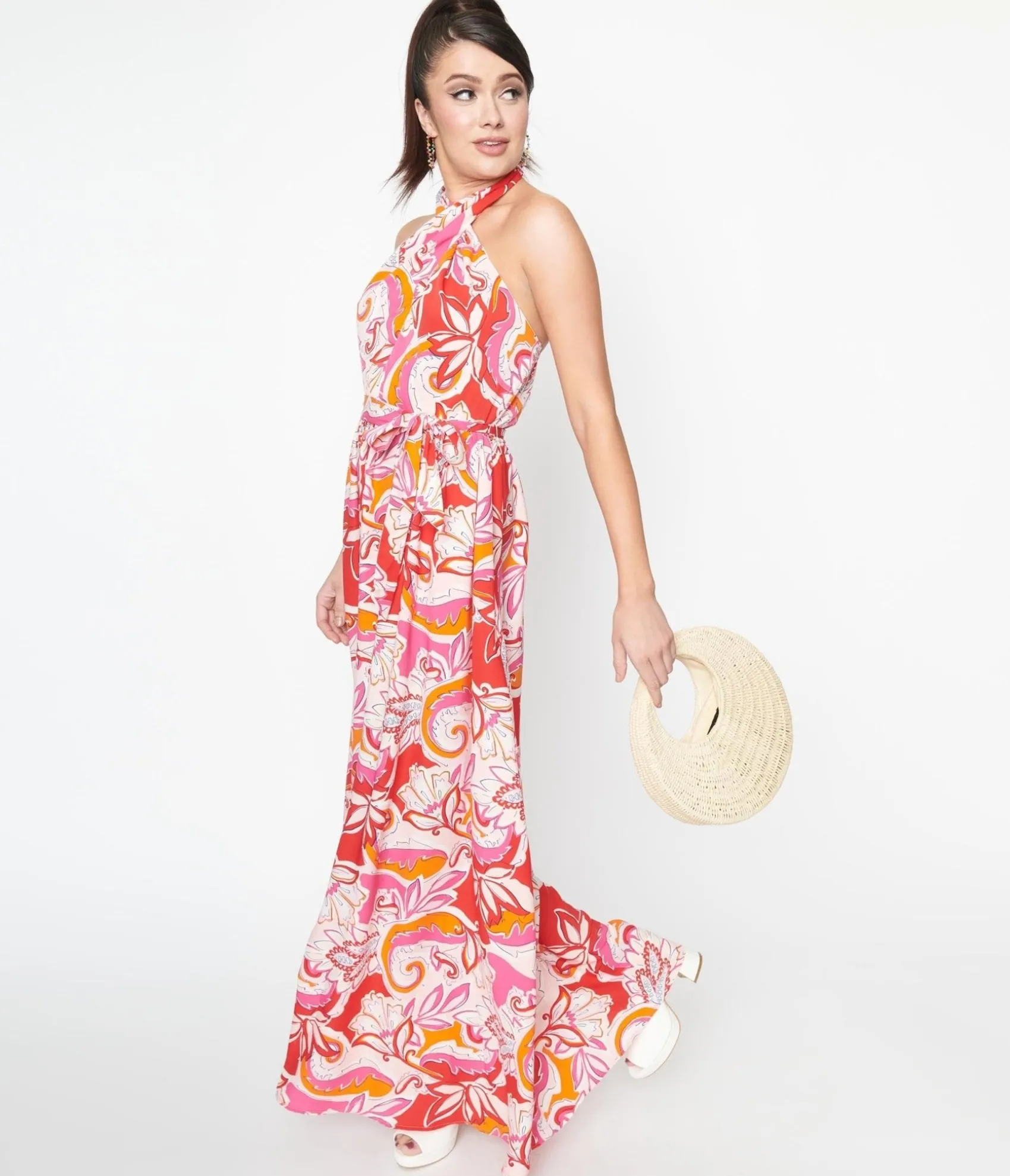 Unique Vintage Smak Parlour 1970s Pink & Red Floral Budding Romance Maxi Dress Online