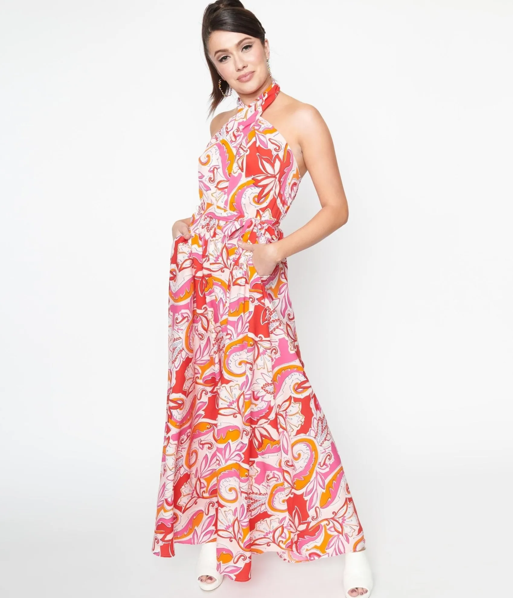 Unique Vintage Smak Parlour 1970s Pink & Red Floral Budding Romance Maxi Dress Online