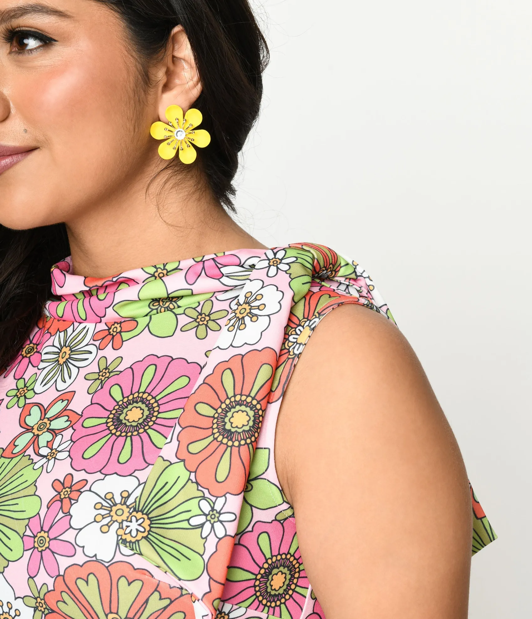 Unique Vintage Smak Parlour 1960s Pink Retro Bloom Mock Turtleneck Fit & Flare Dress Store