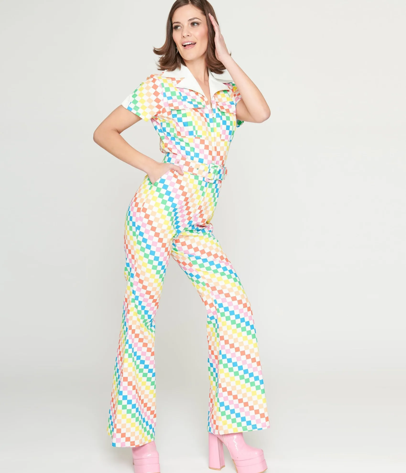 Unique Vintage Smak Parlour 1970s Rainbow Check Flare Jumpsuit New