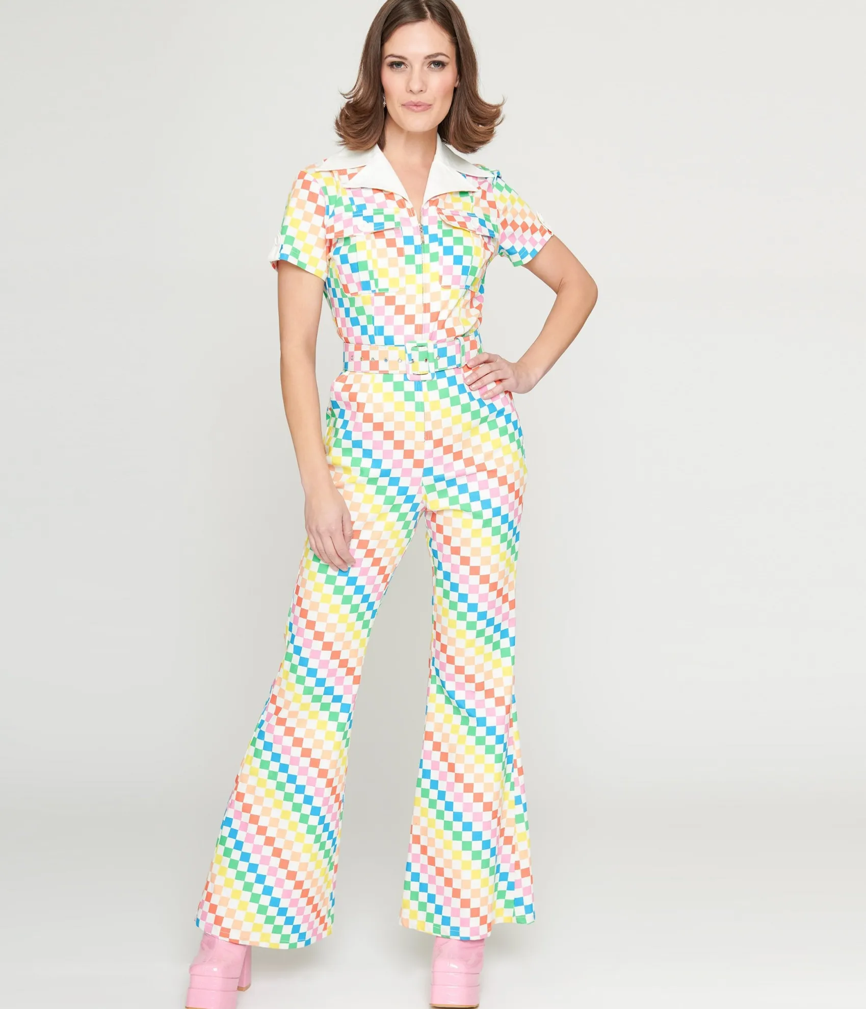 Unique Vintage Smak Parlour 1970s Rainbow Check Flare Jumpsuit New
