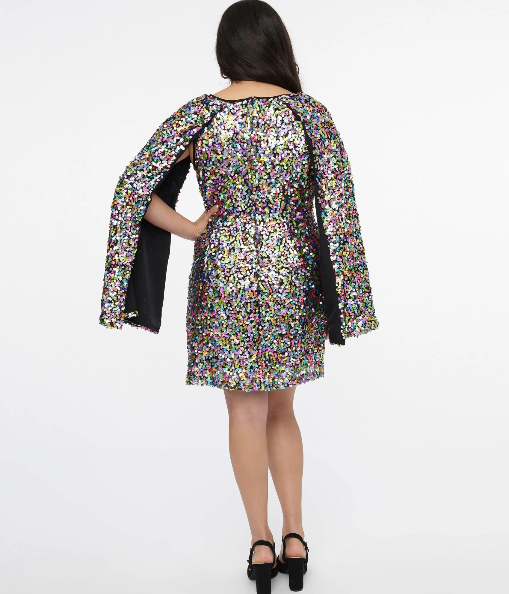 Unique Vintage Smak Parlour 1960s Rainbow Sequin Cape Sleeve Shift Dress Cheap